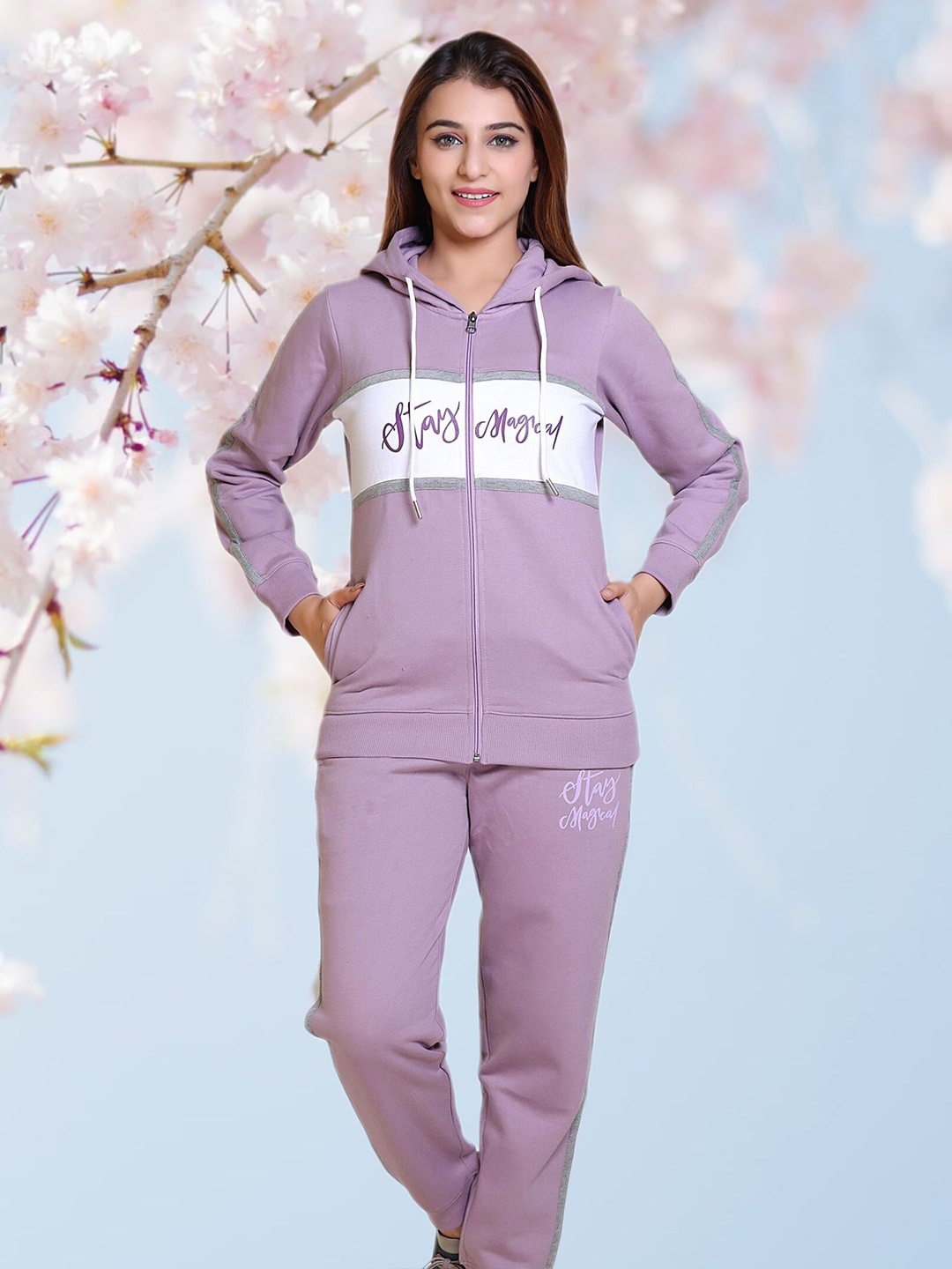 

WILD WEST Typography Printed Hooded Fleece Cotton Sweatshirt With Joggers, Lavender