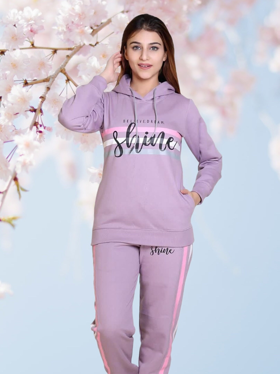 

WILD WEST Typography Printed Hooded Fleece Cotton Sweatshirt With Joggers, Lavender