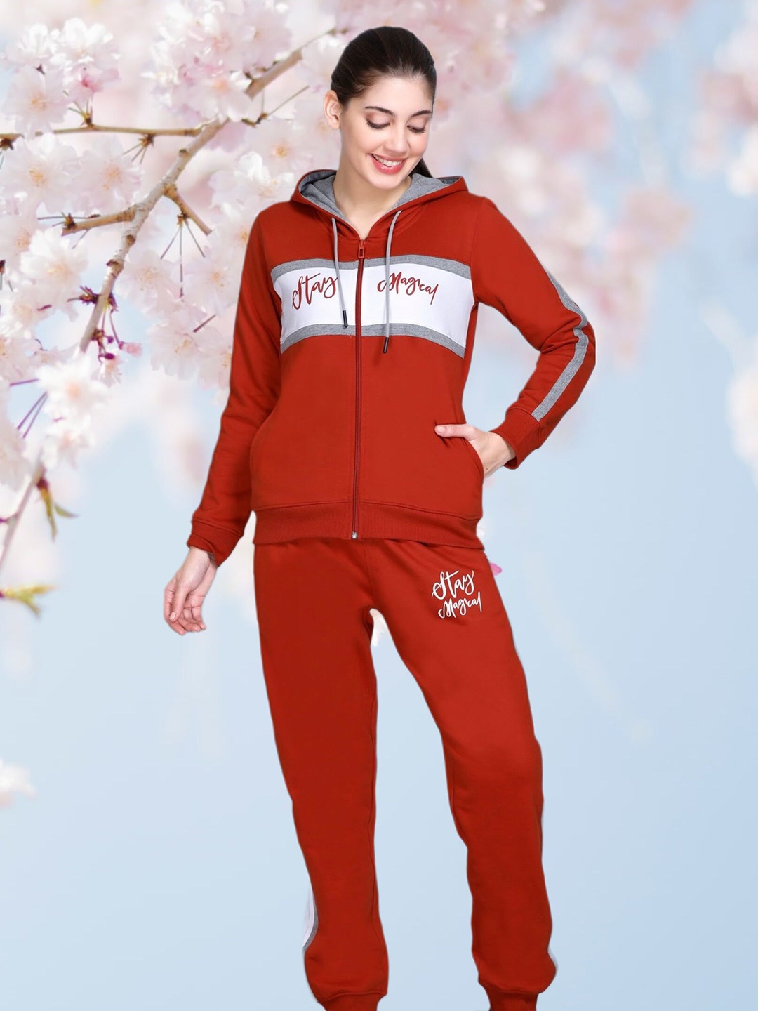 

WILD WEST Typography Printed Hooded Fleece Cotton Sweatshirt With Joggers, Rust