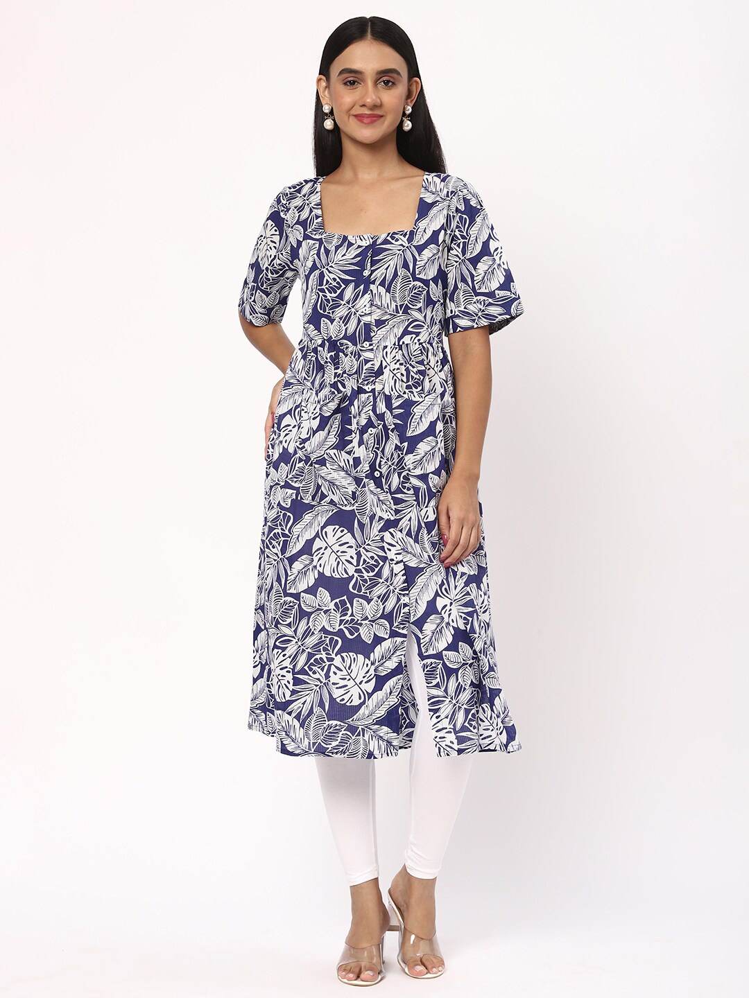 

R&B Floral Printed Square Neck Kurta, Blue