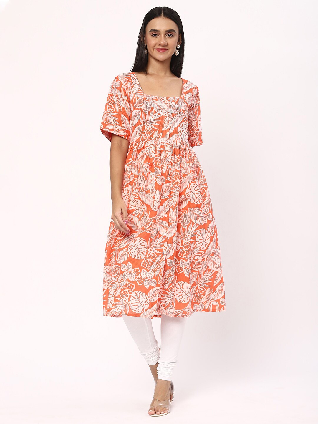 

R&B Floral Printed Pleated Square Neck Kurta, Orange