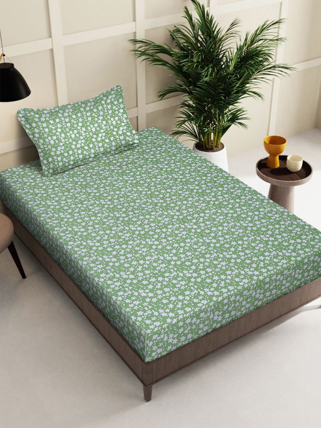 

KLOTTHE Green Floral Printed 400 TC Pure Cotton Single With 1 Pillow Cover