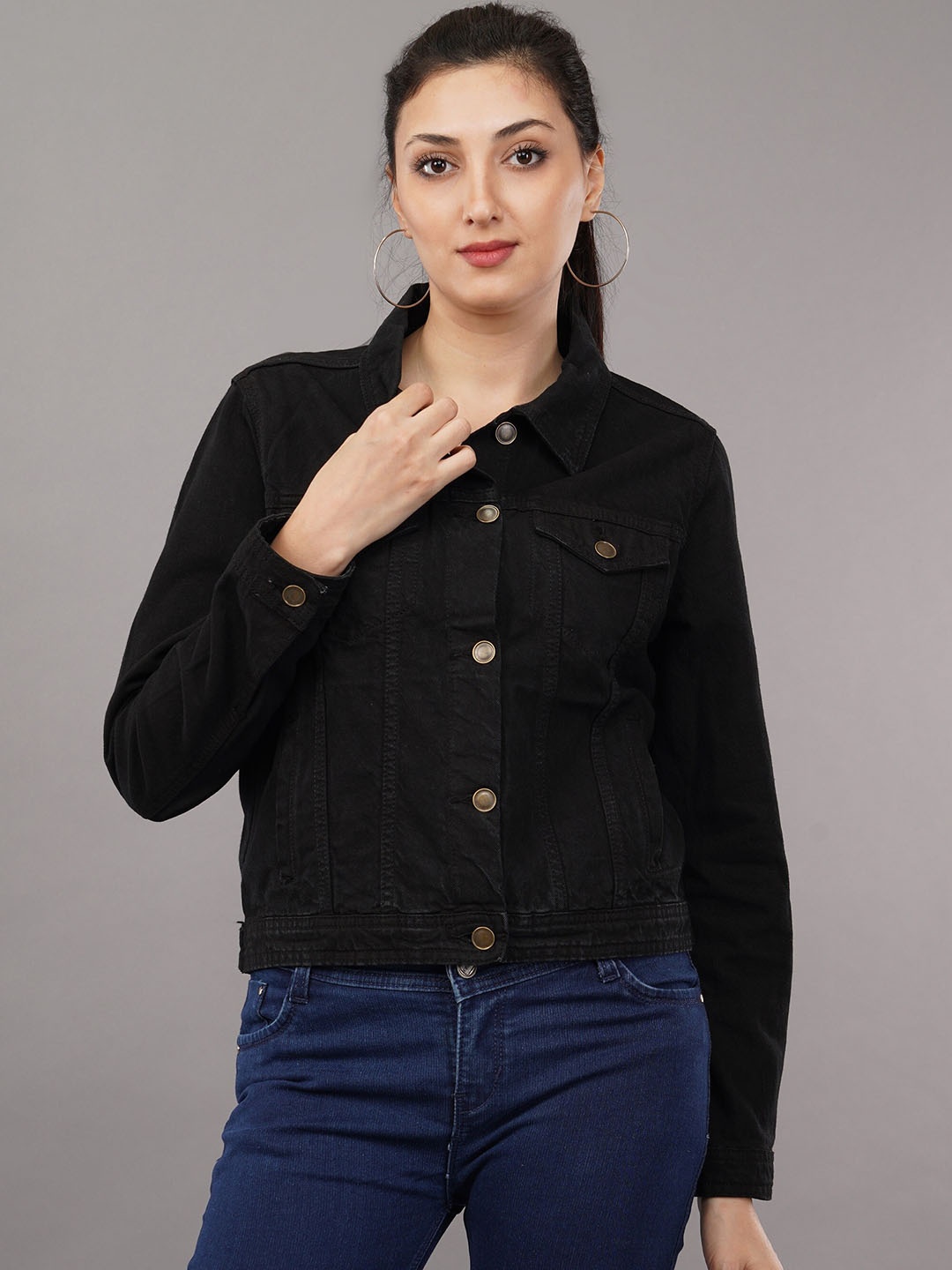 

The Roadster Lifestyle Co. Black Spread Collar Cotton Denim Jacket