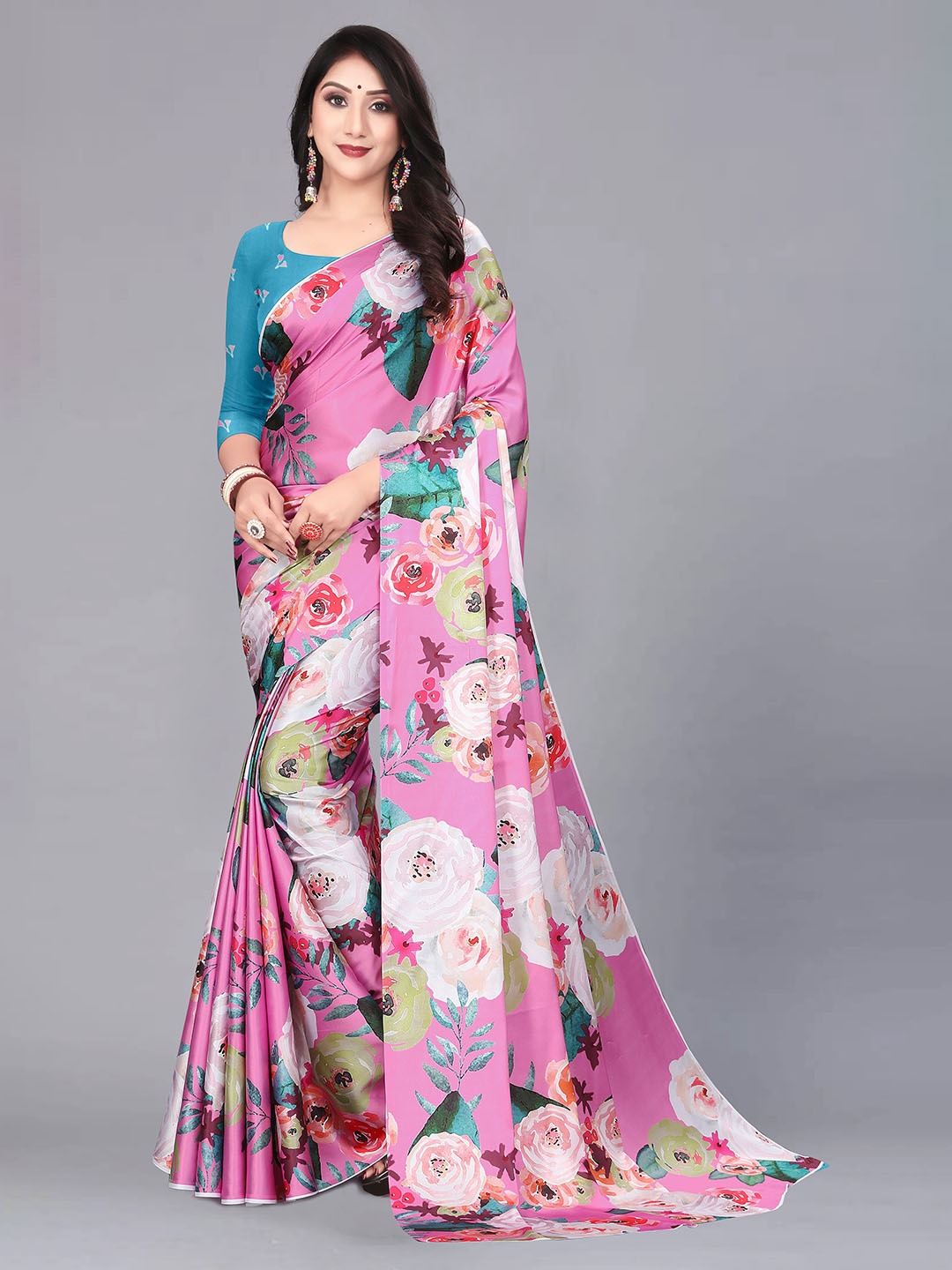 

VEECHIS Floral Printed Satin Saree, Pink