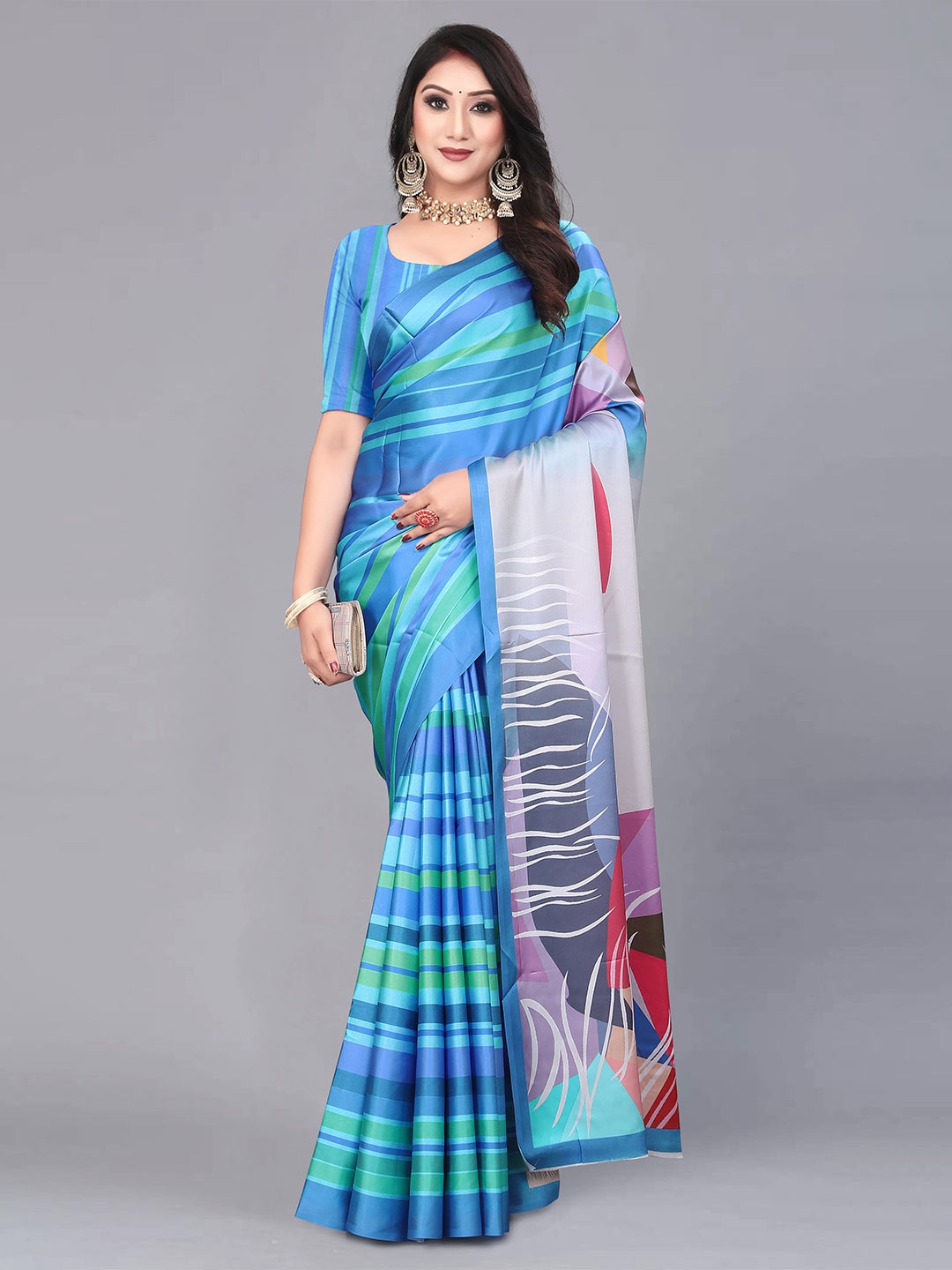 

VEECHIS Striped Printed Satin Saree, Blue