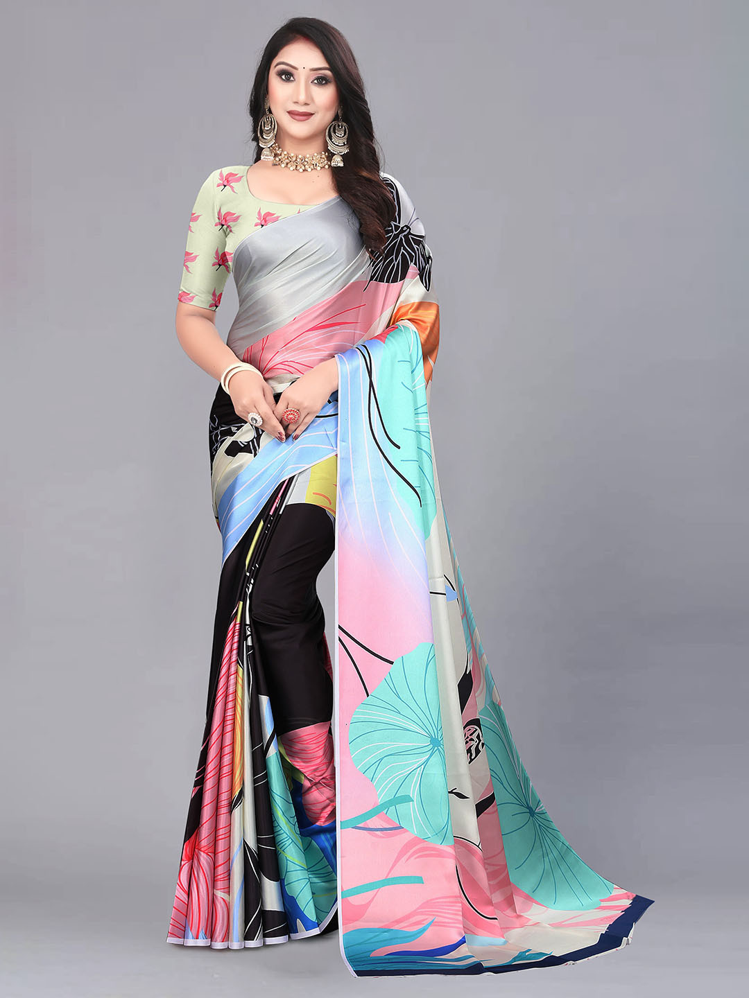 

VEECHIS Floral Printed Satin Saree, Blue