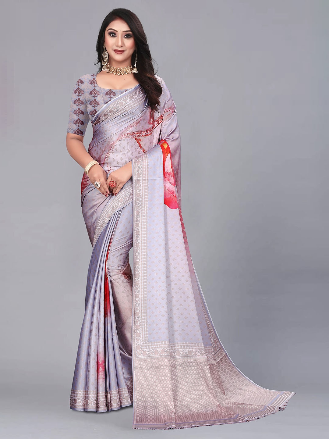 

VEECHIS Floral Printed Satin Saree, Purple