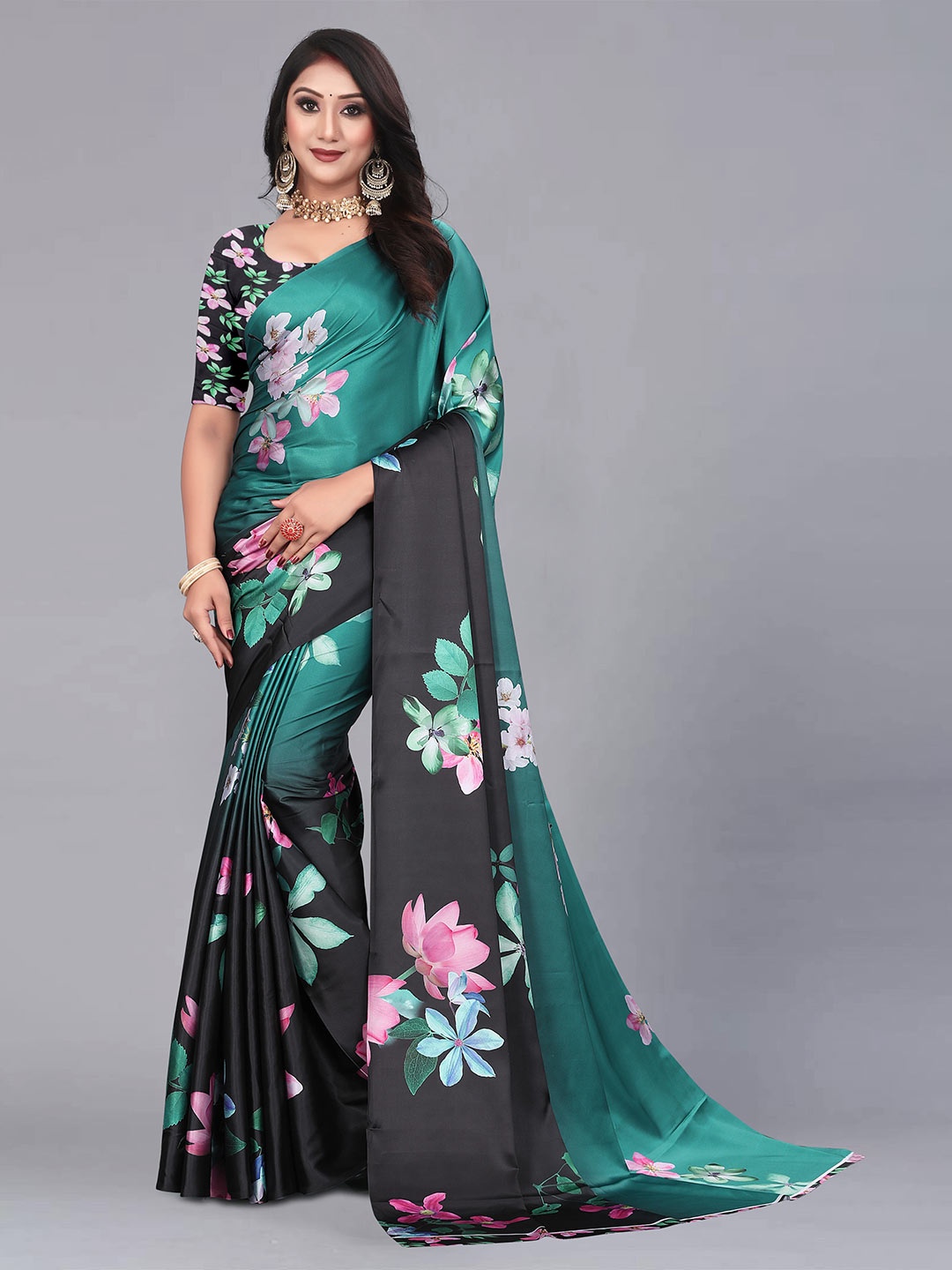 

VEECHIS Floral Printed Satin Saree, Green