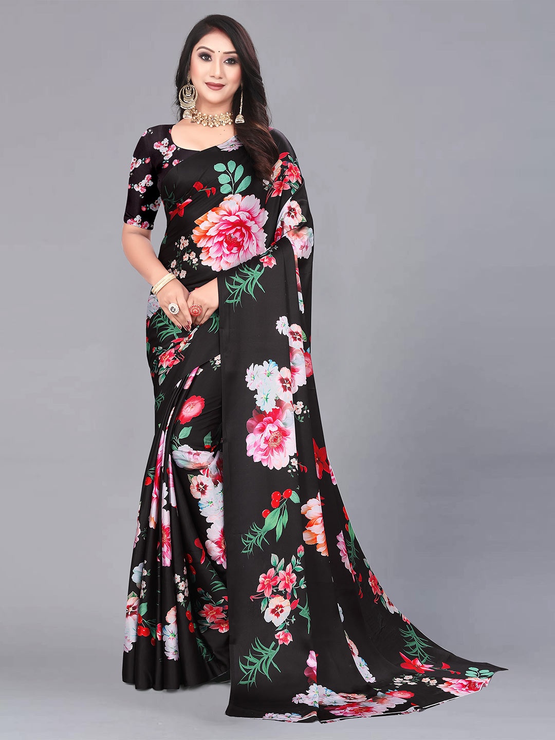 

VEECHIS Floral Printed Satin Saree, Black