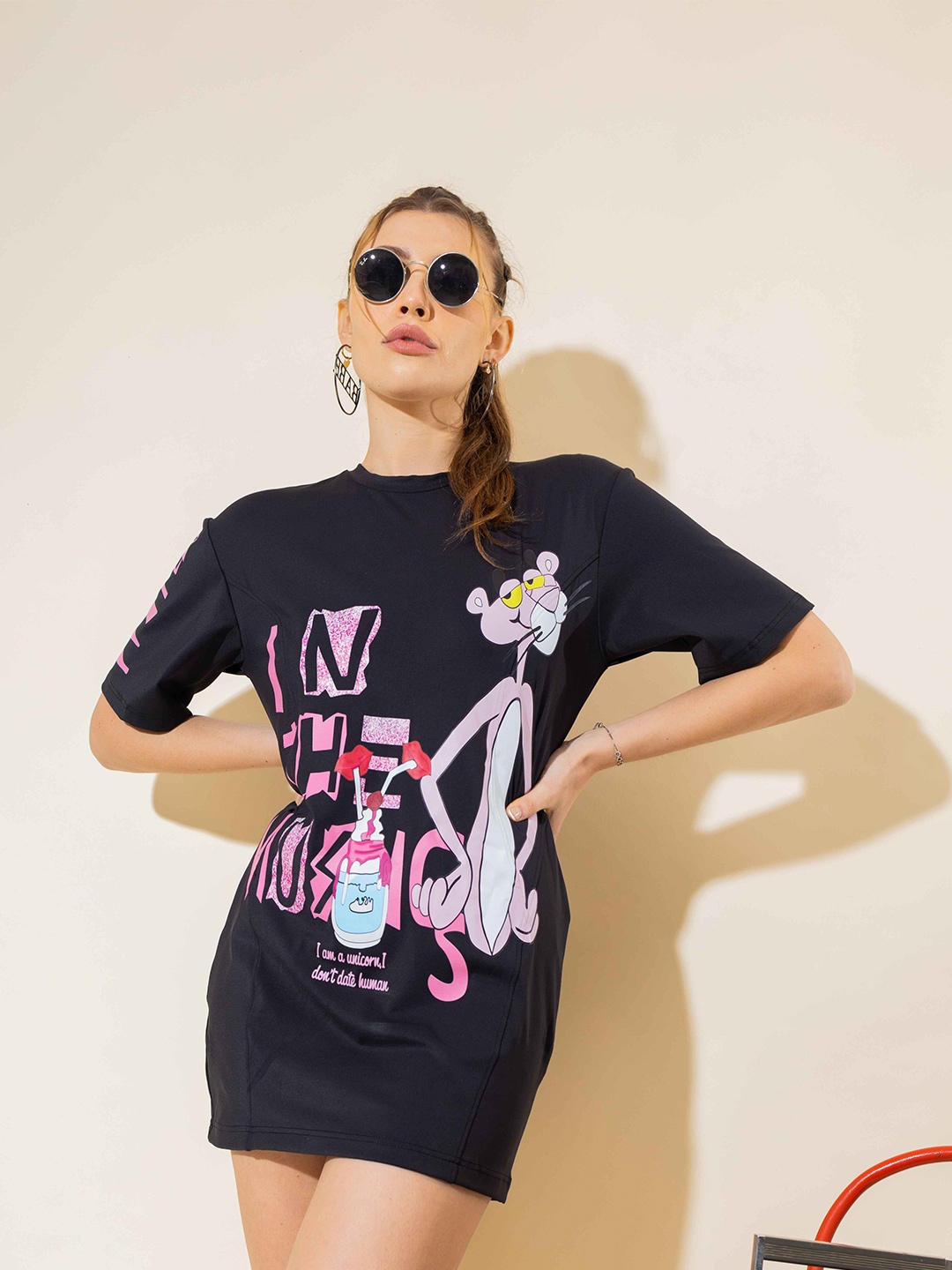 

Stylecast X Hersheinbox Navy Blue Pink Panther Printed Cotton T-shirt Mini Dresses