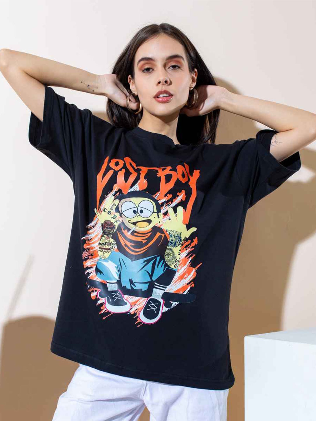 

Stylecast X Hersheinbox Black Nobita Printed Relaxed Fit Pure Cotton T-shirt