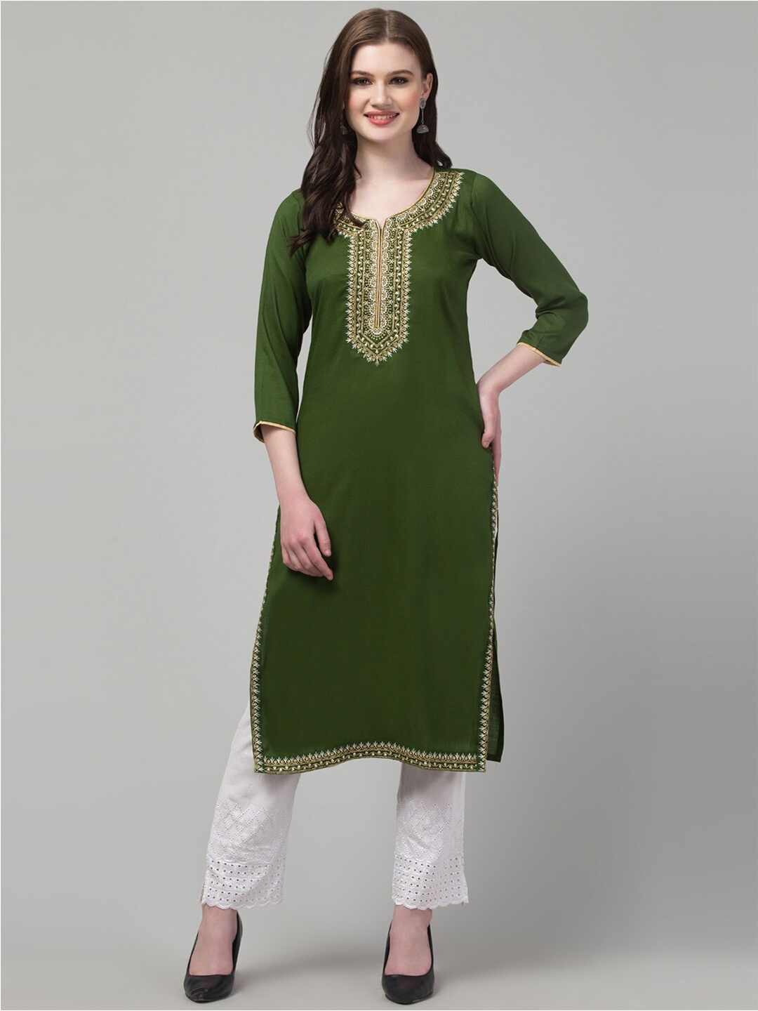 Trend Level Floral Yoke Design Thread Work Kurta, Olive