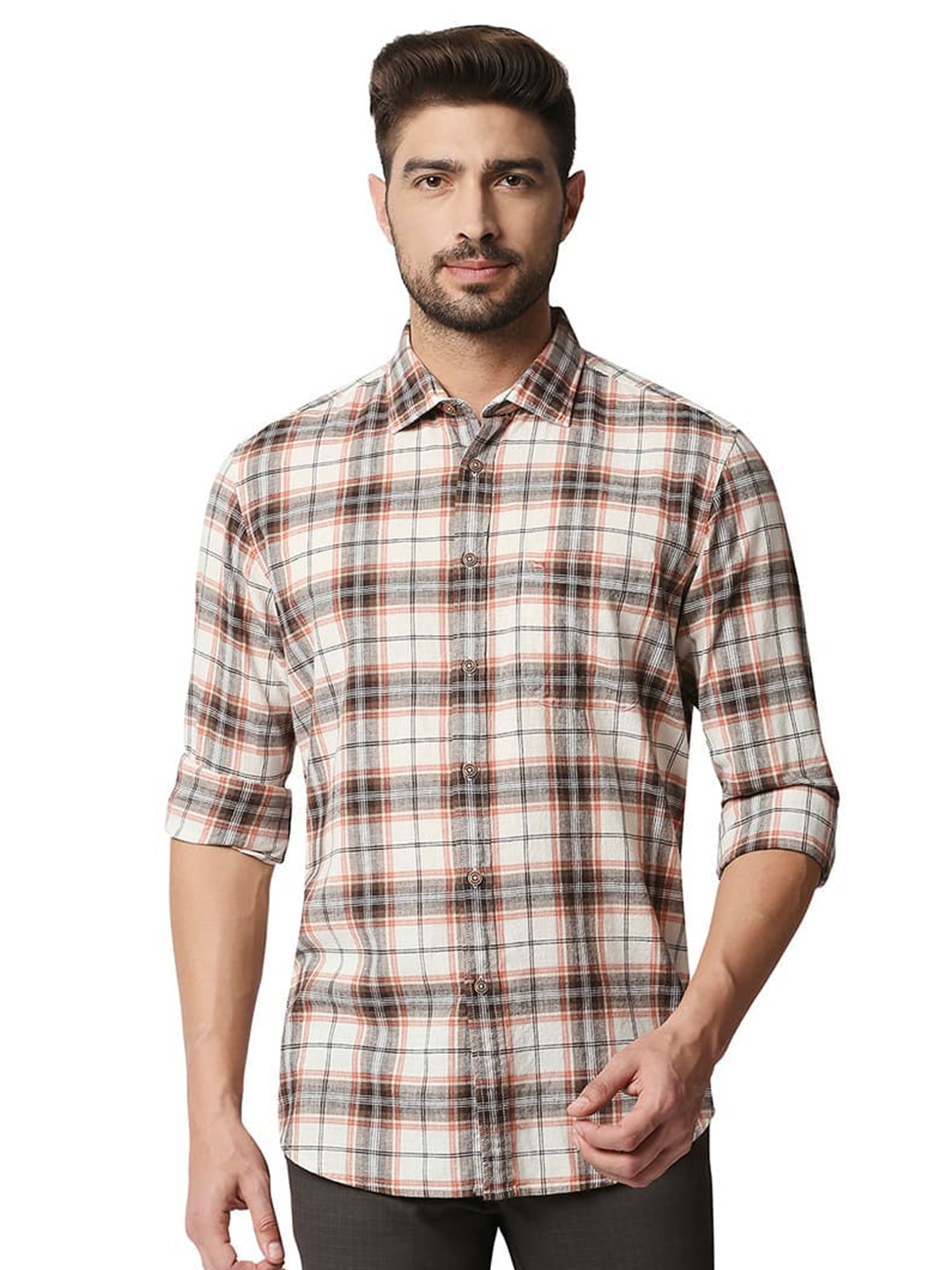 

Basics Slim Fit CottonTartan Checks Opaque Checked Casual Shirt, Brown