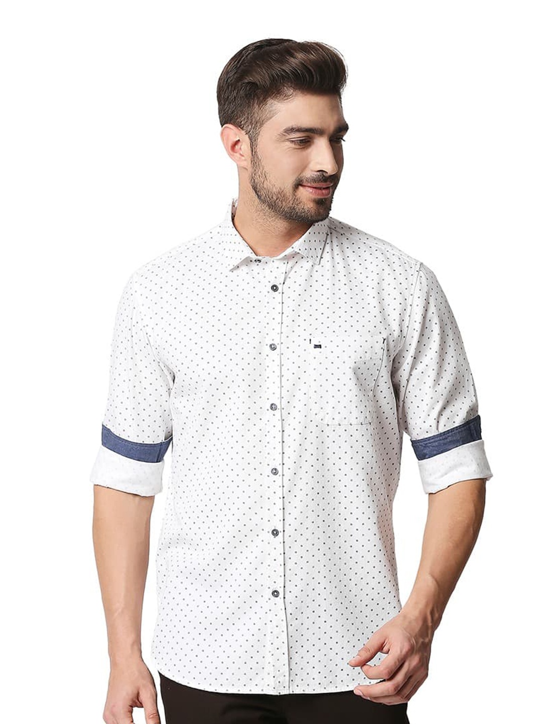 

Basics Slim Fit Opaque Micro Ditsy Printed Cotton Casual Shirt, White