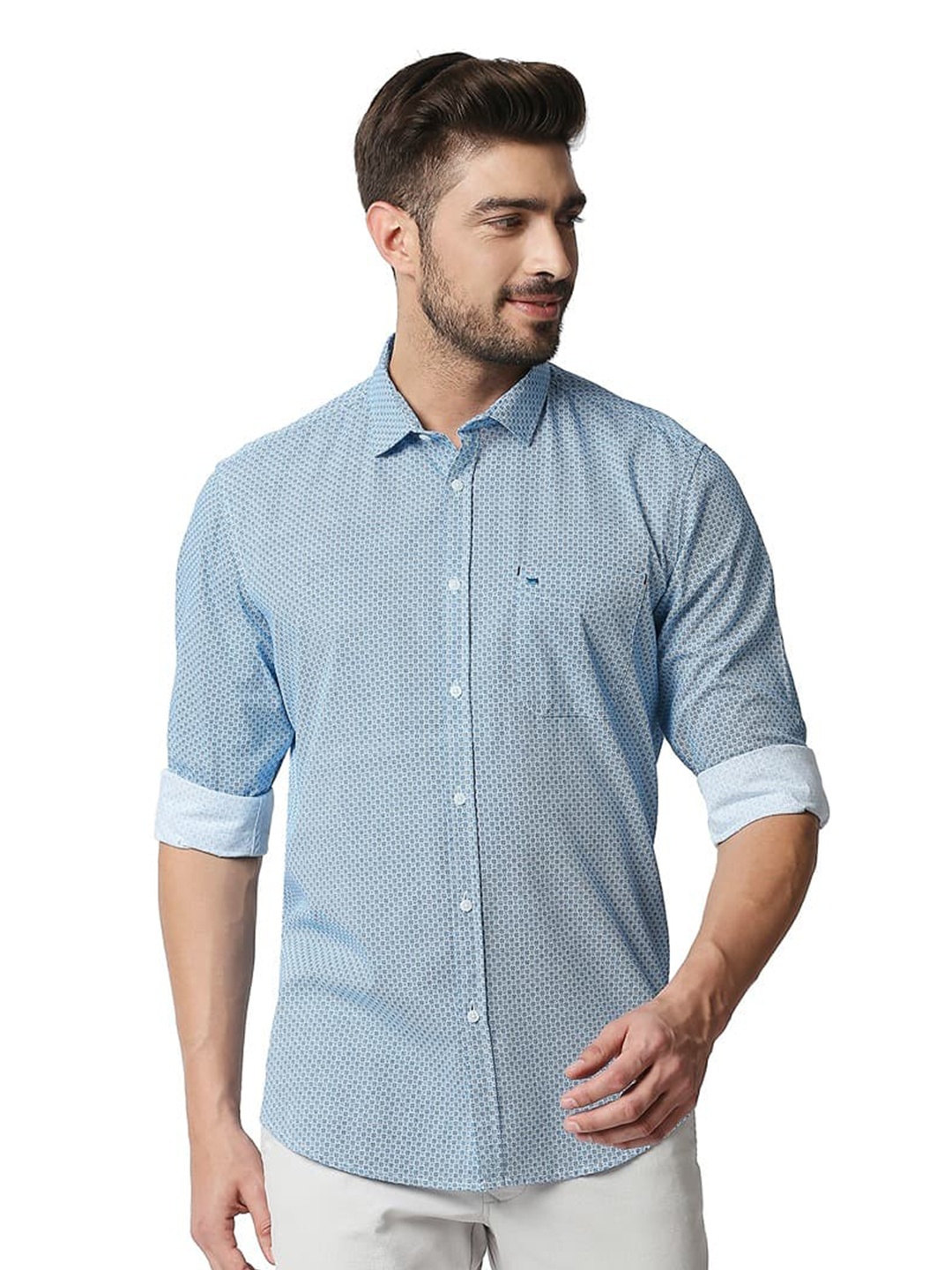 

Basics Slim Fit Micro Checked Spread Collar Long Sleeves Casual Shirt, Blue