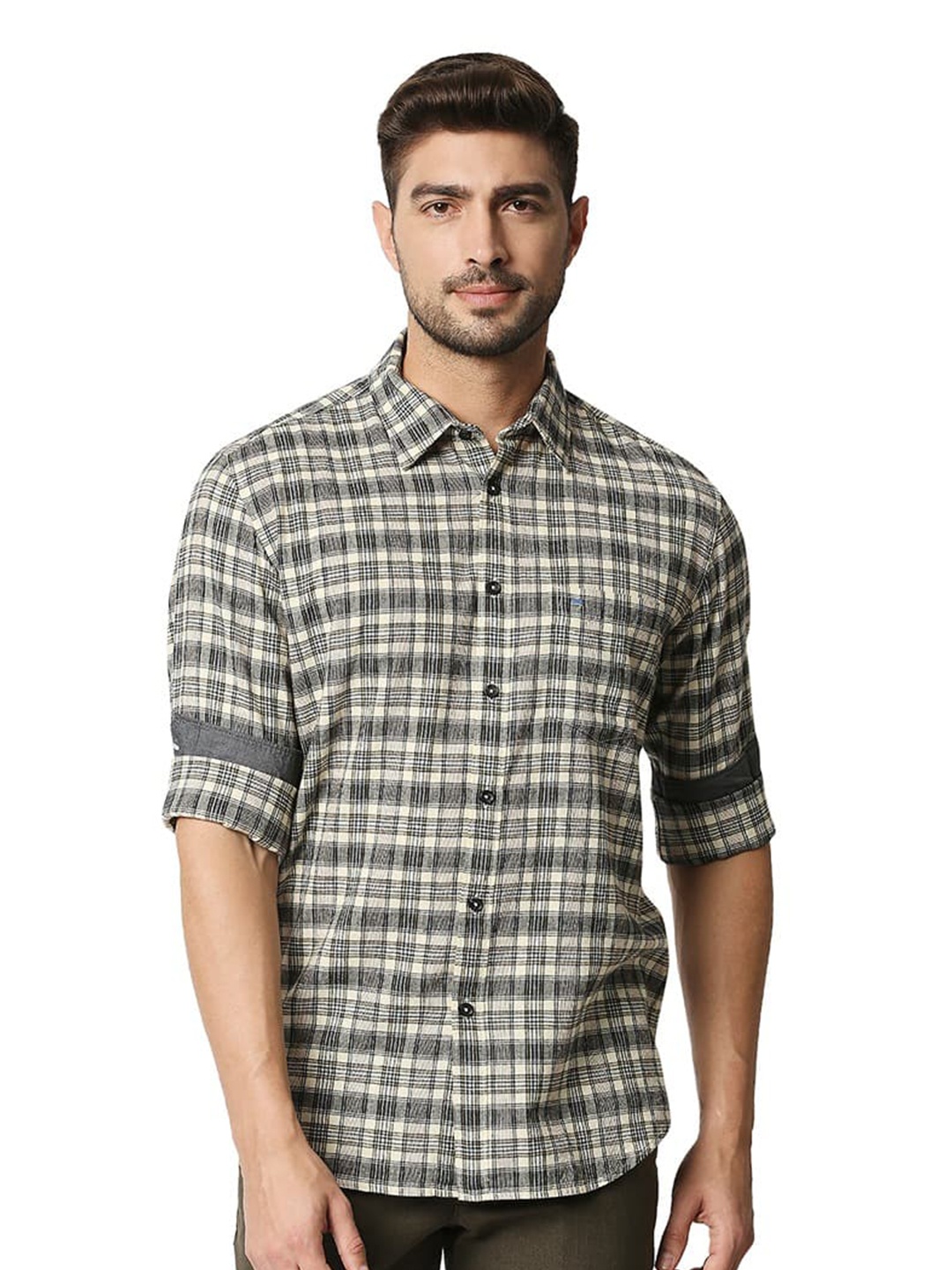 

Basics Spread Collar Slim Fit Tartan Checks Opaque Checked Casual Shirt, Beige