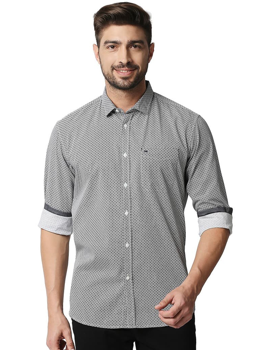 

Basics Slim Fit Cotton Micro Checks Opaque Checked Casual Shirt, Grey