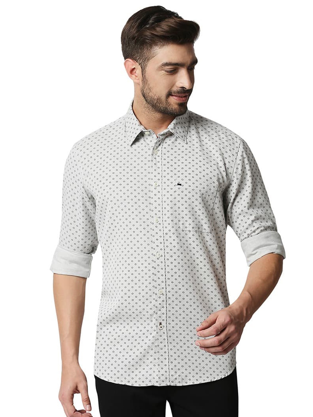 

Basics Slim Fit Opaque Micro Ditsy Printed Cotton Casual Shirt, Grey