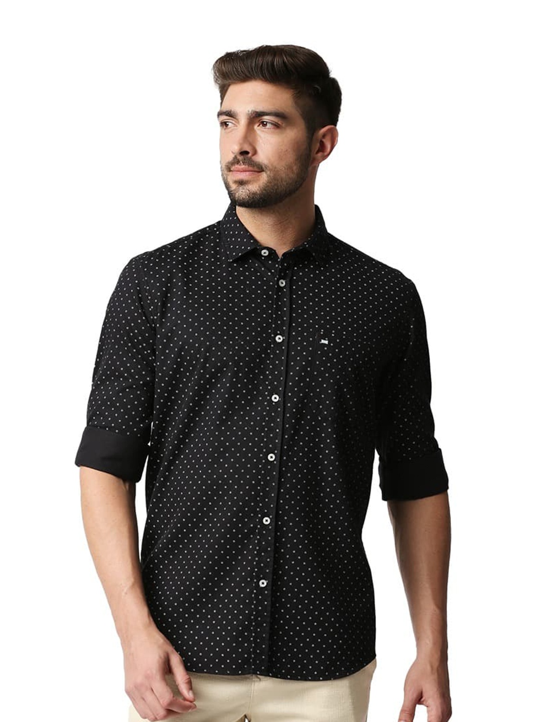 

Basics Slim Fit Polka Dot Printed Cotton Casual Shirt, Black
