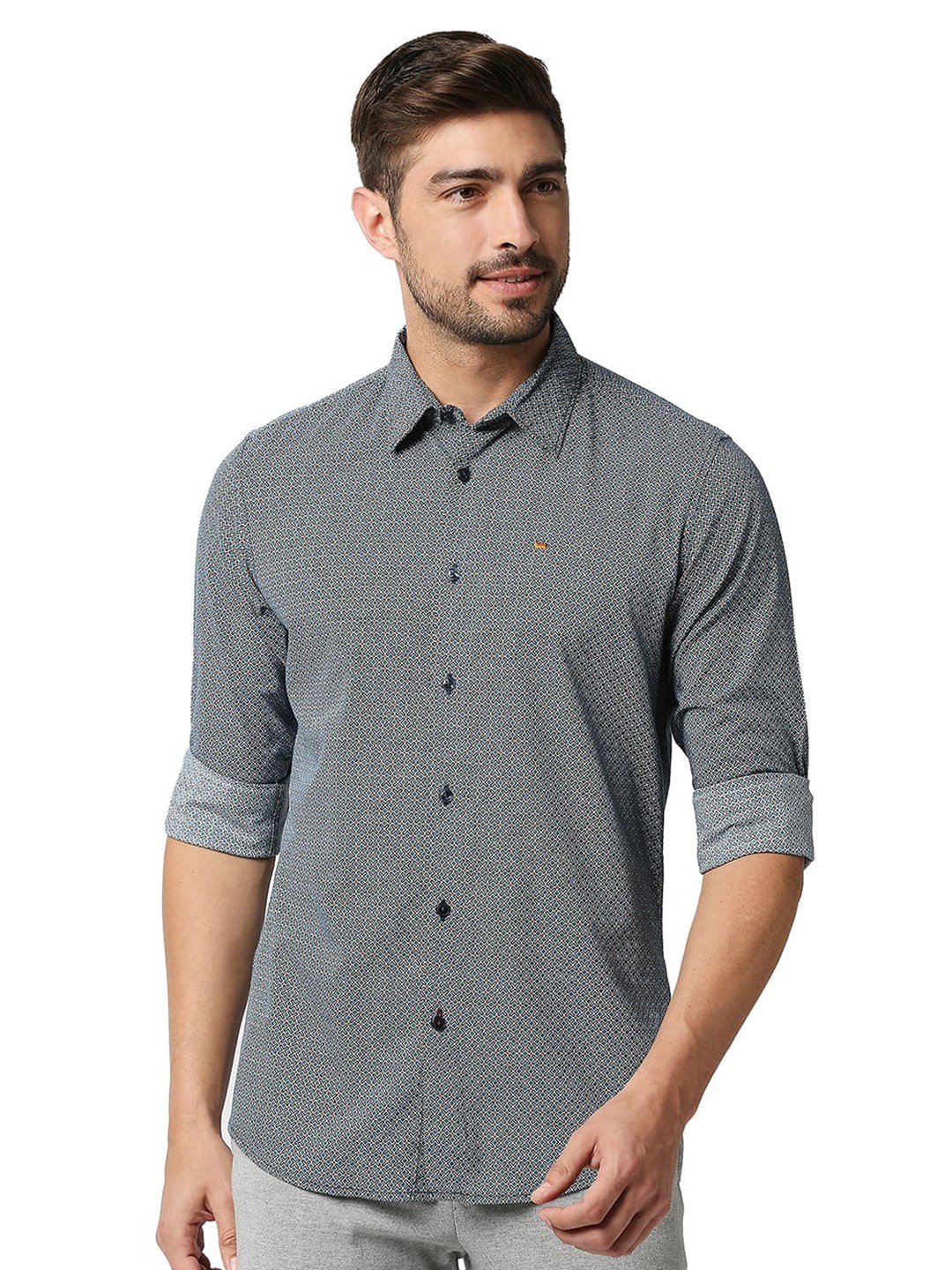 

Basics Spread Collar Cotton Slim Fit Opaque Printed Casual Shirt, Blue