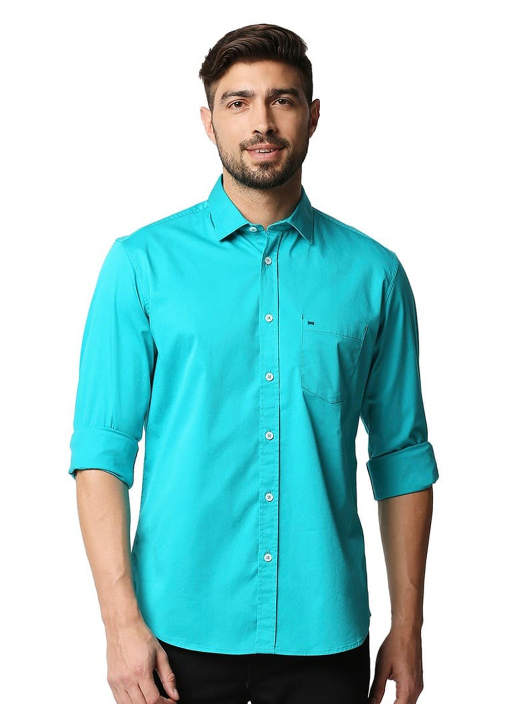 

Basics Spread Collar Long Sleeves Twill Weave Cotton Slim Fit Casual Shirt, Green
