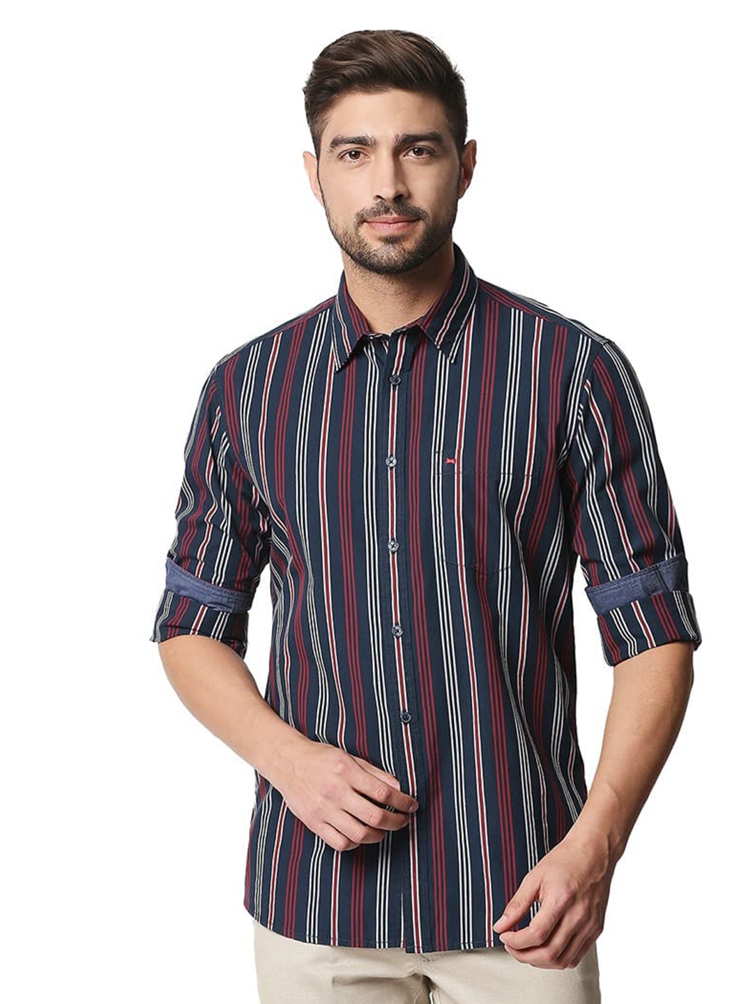 

Basics Multi Stripes Cotton Slim Fit Striped Curved Casual Shirt, Blue