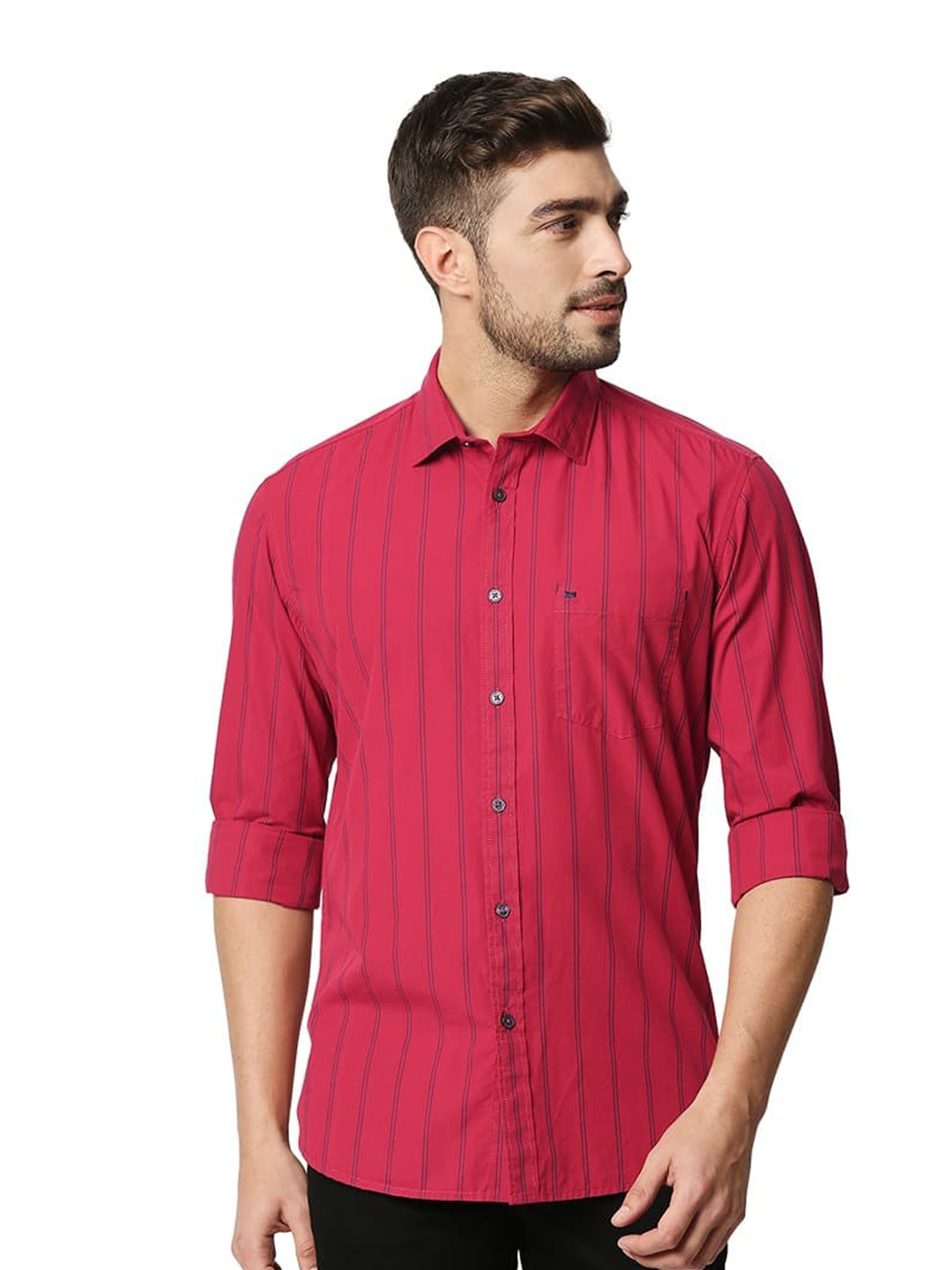 

Basics Vertical Stripes Cotton Spread Collar Slim Fit Curved Casual Shirt, Red