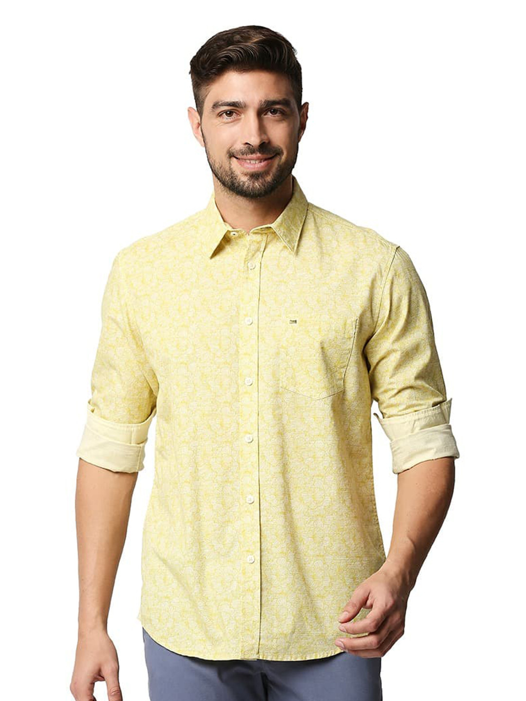 

Basics Floral Printed Spread Collar Long Sleeves Cotton Slim Fit Casual Shirt, Yellow