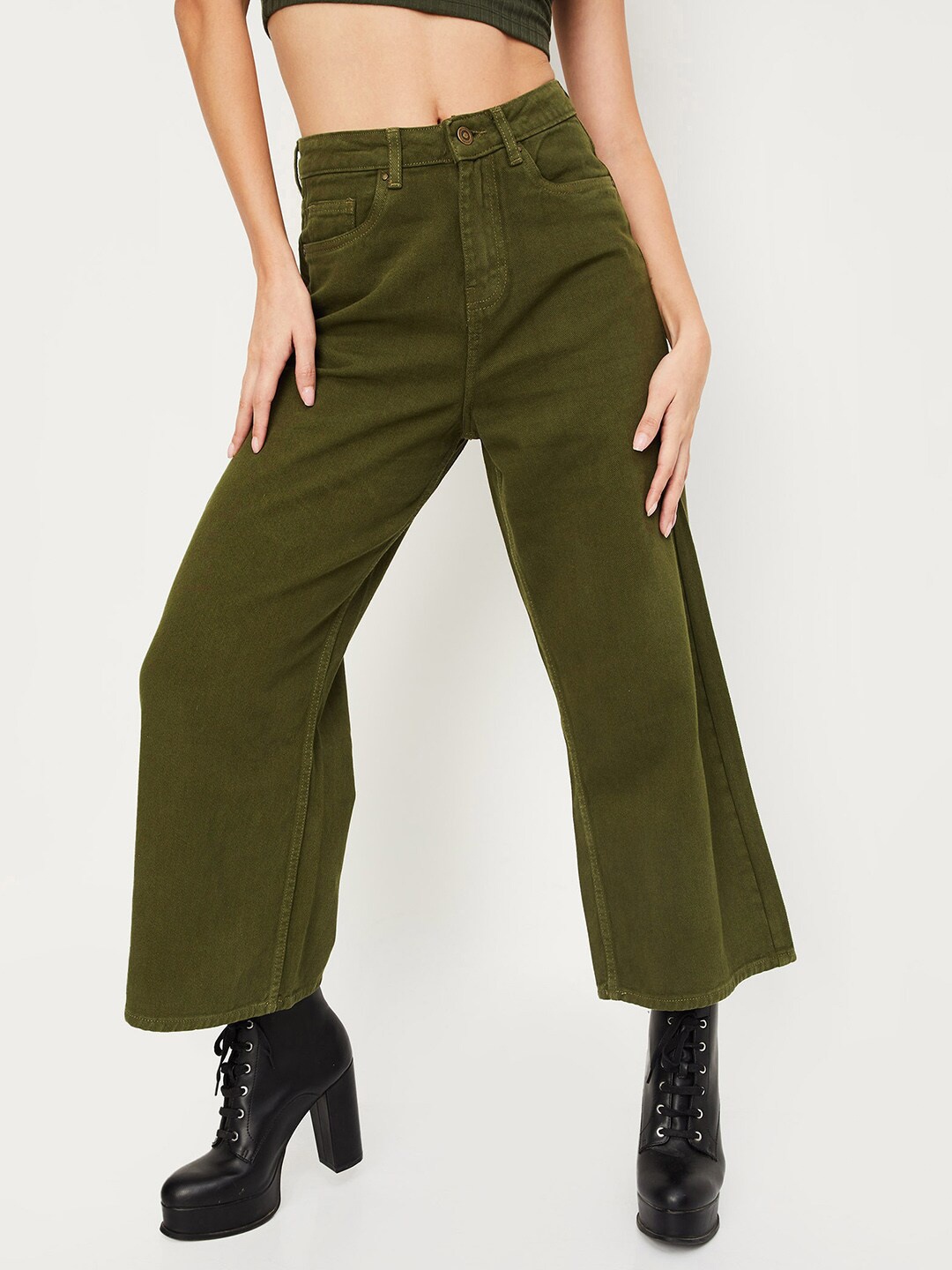 

max Women Clean Look Light Fade Pure Cotton Jeans, Olive