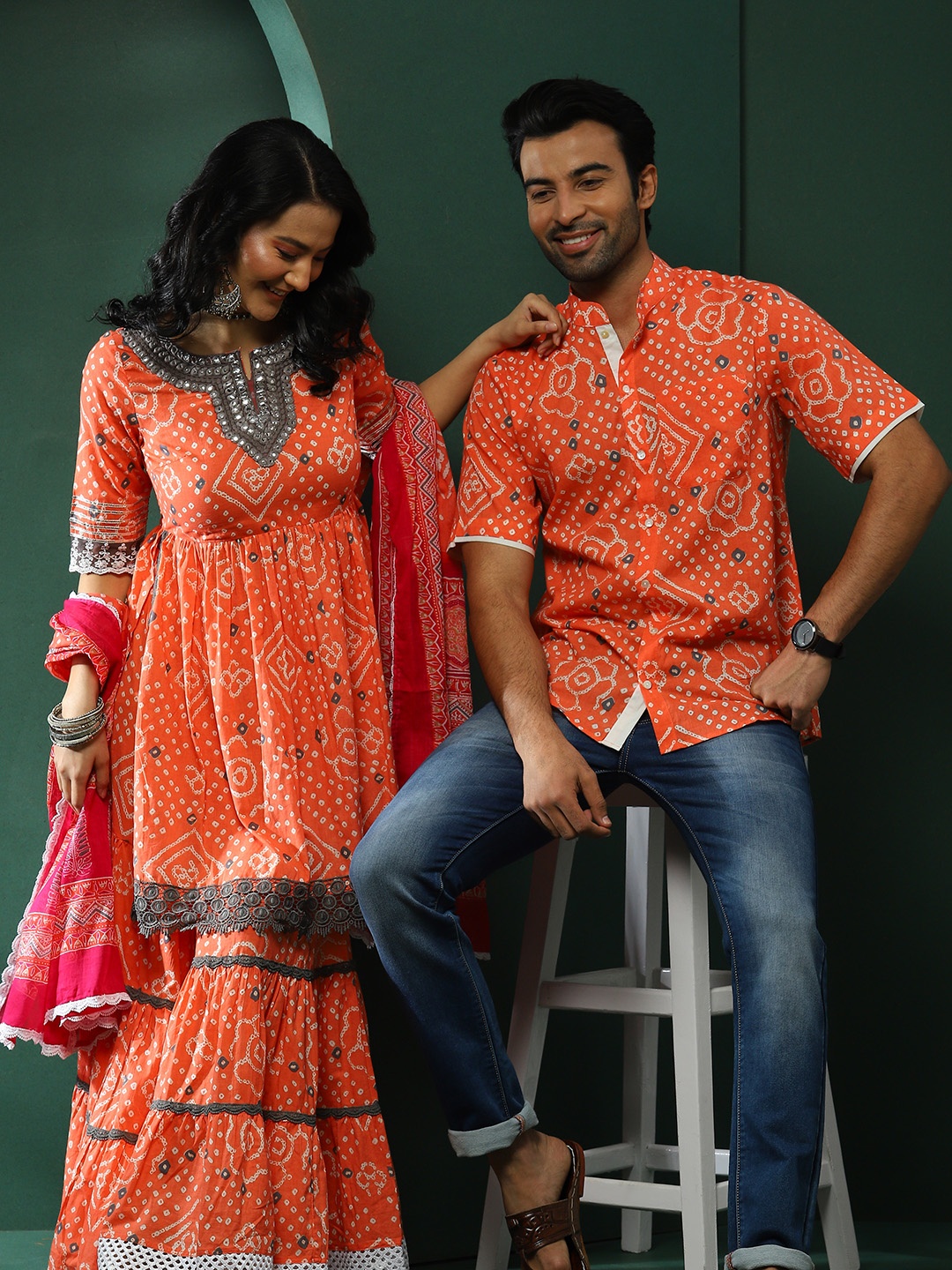 

AKS Bandhani Printed Mandarin Collar Opaque Cotton Casual Shirt, Peach