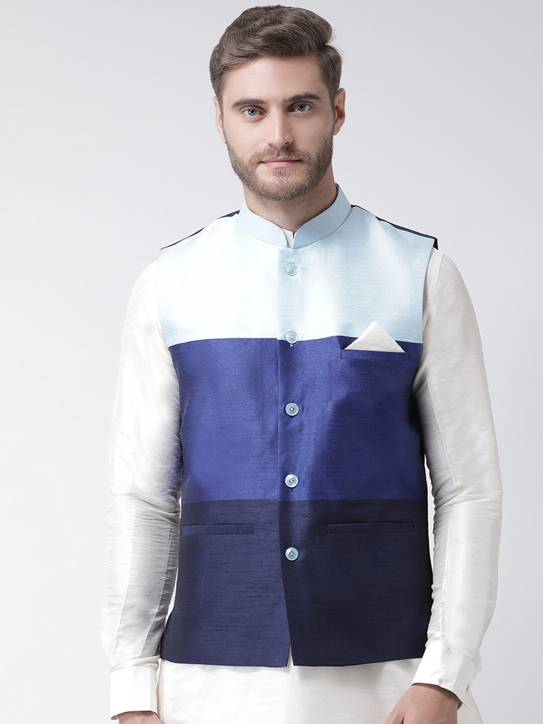 

DEYANN Colourblocked Nehru Jacket, Blue