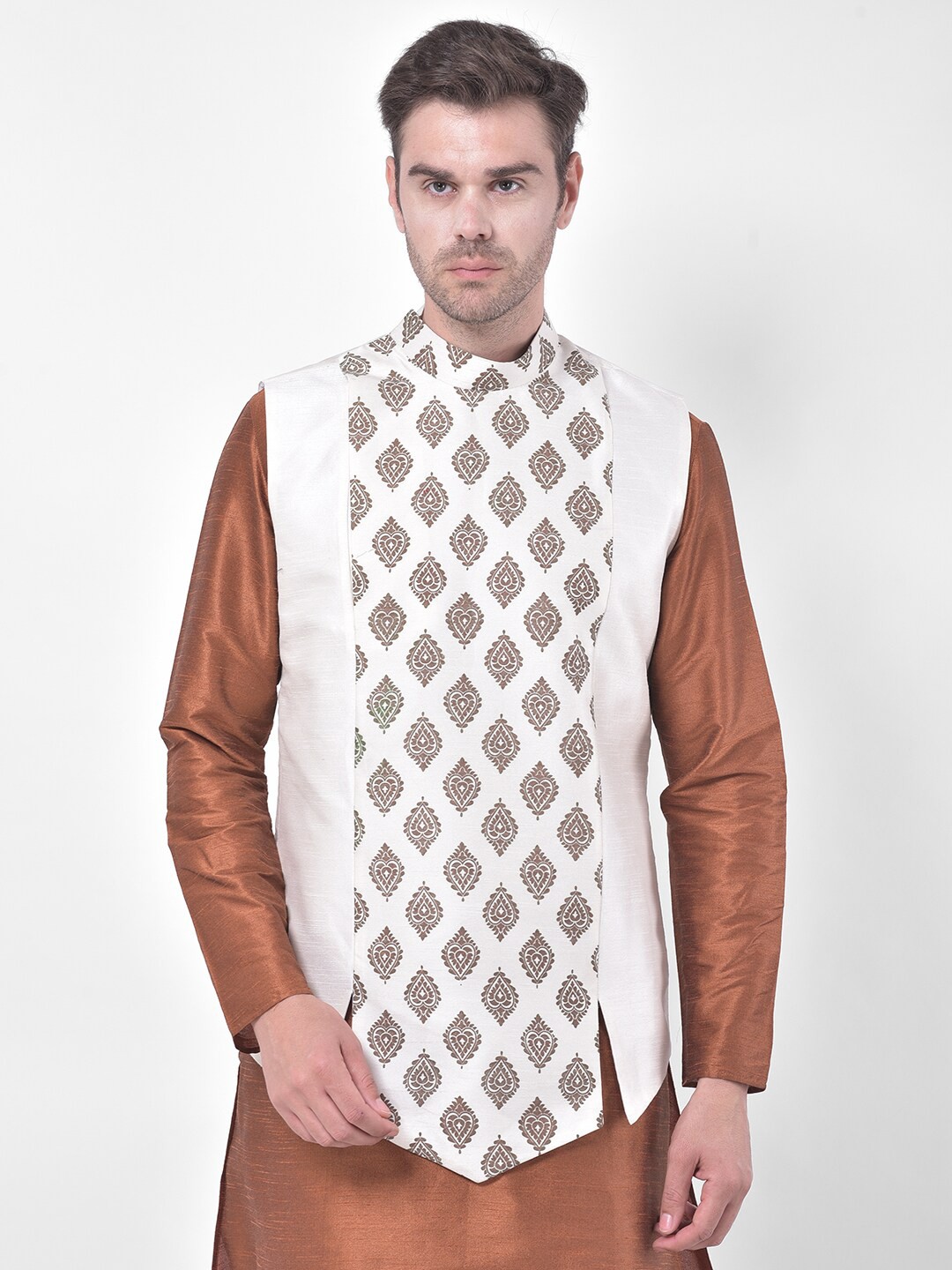 

DEYANN Ethnic Motifs Printed Nehru Jacket, Off white