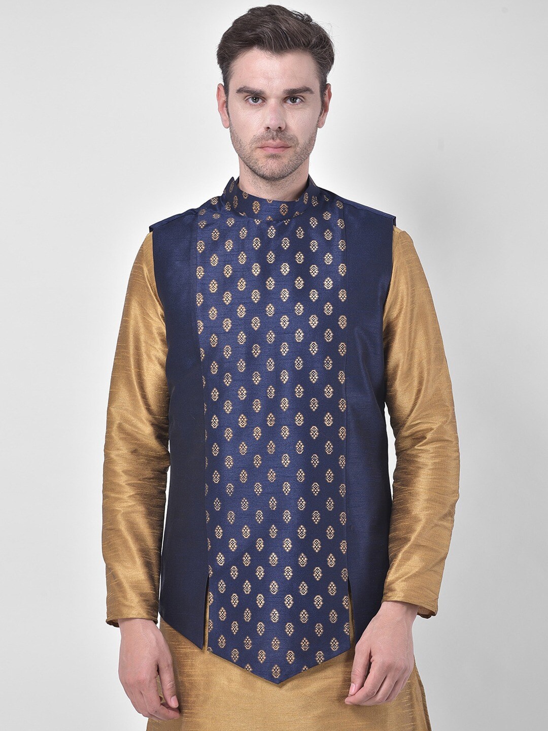 

DEYANN Woven Nehru Jacket, Navy blue