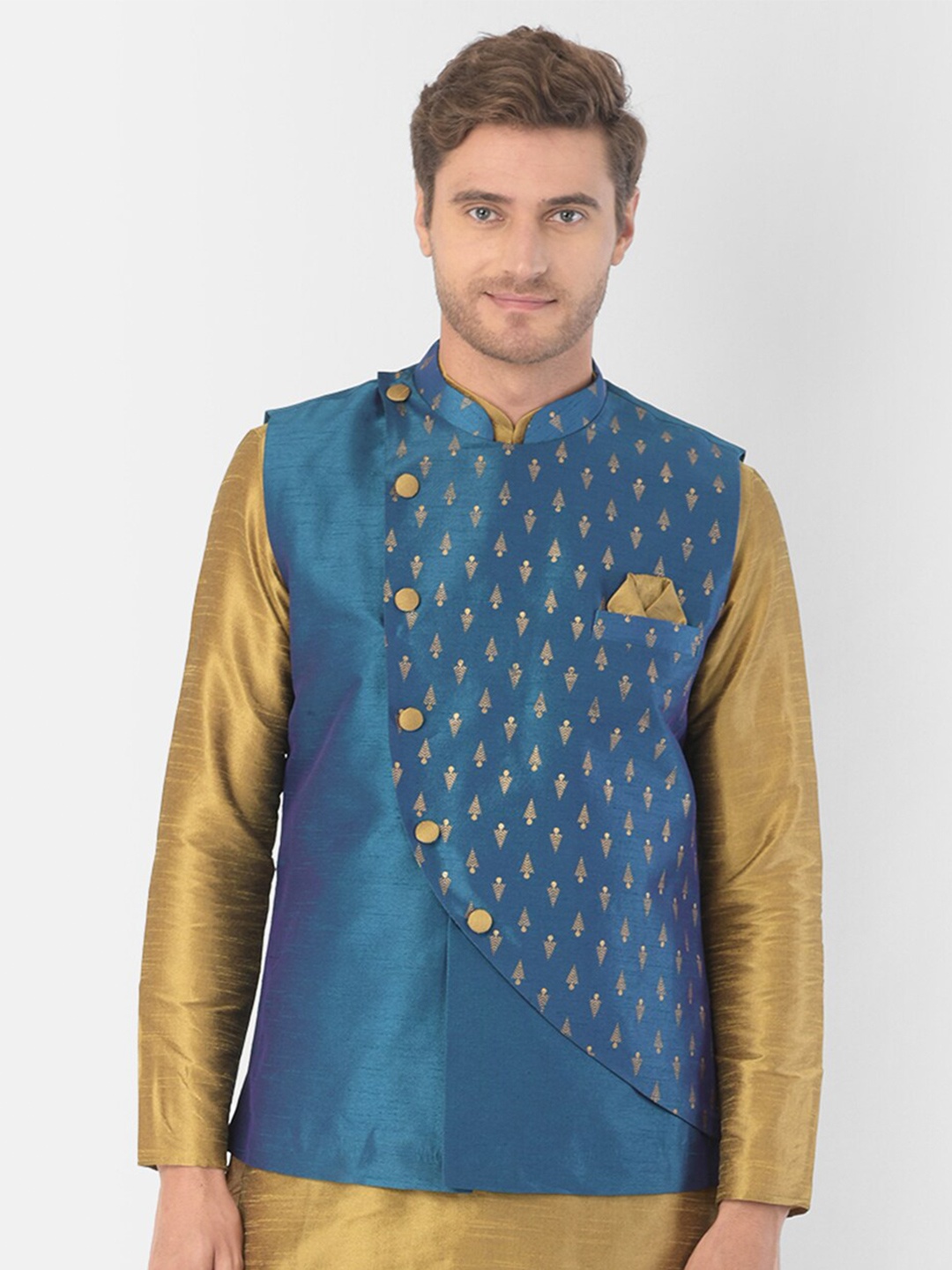 

DEYANN Printed Woven Nehru Jacket, Blue