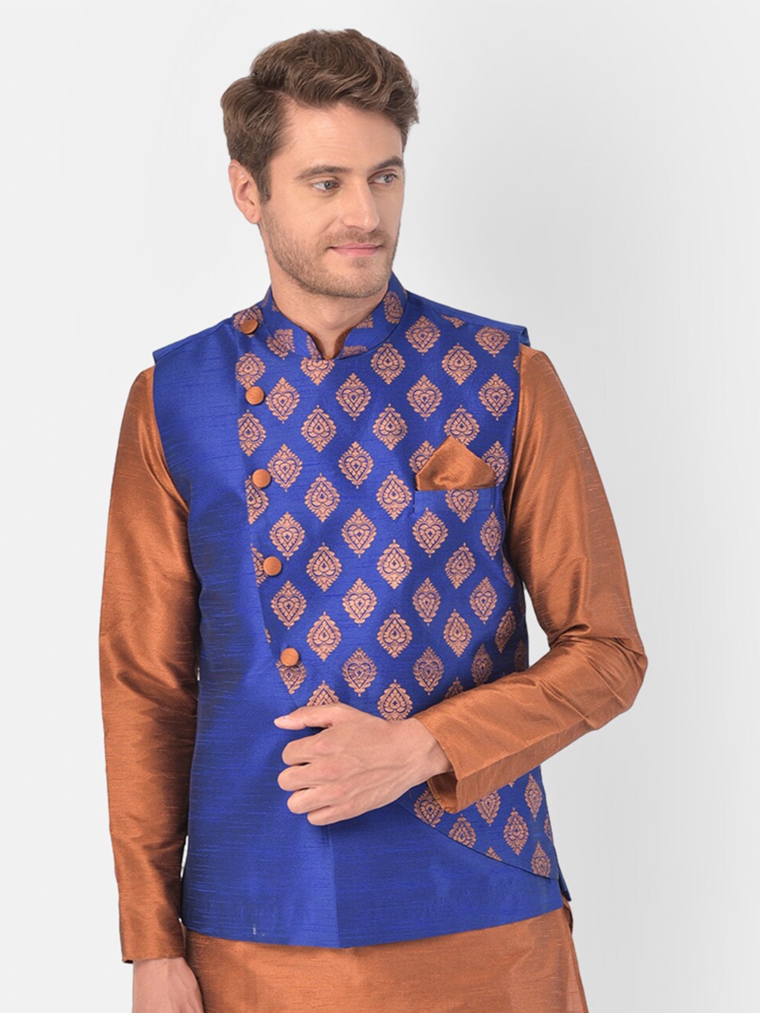 

DEYANN Printed Mandarin Collar Woven Nehru Jackets, Blue