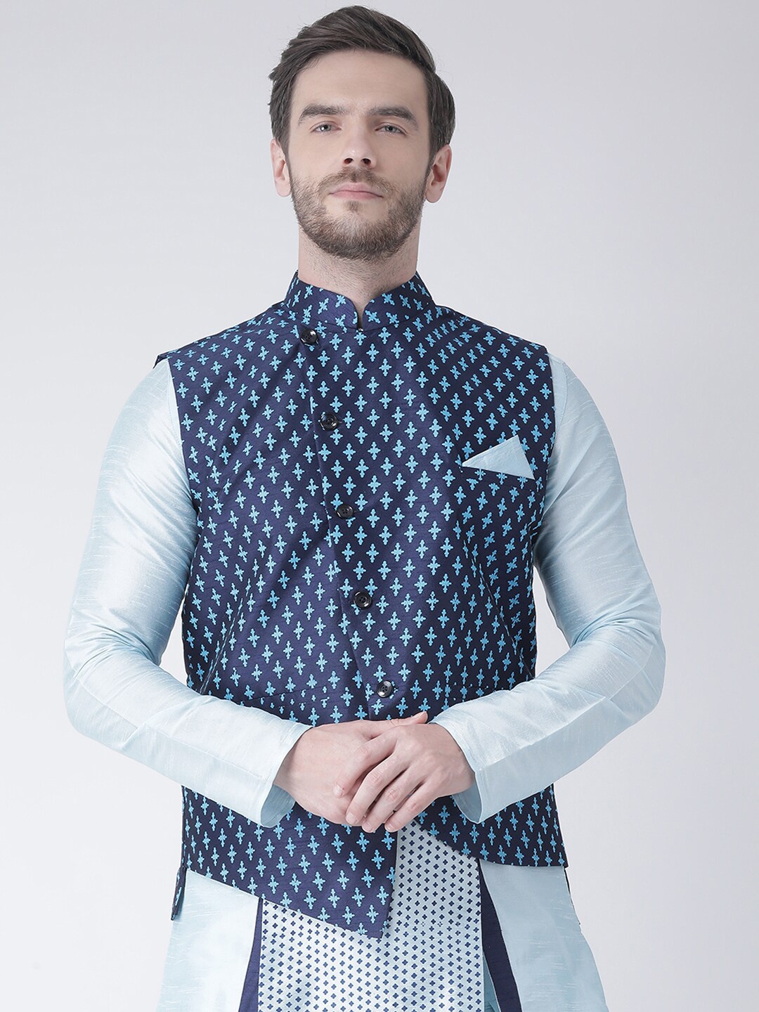 

DEYANN Printed Mandarin Collar Nehru Jacket, Navy blue