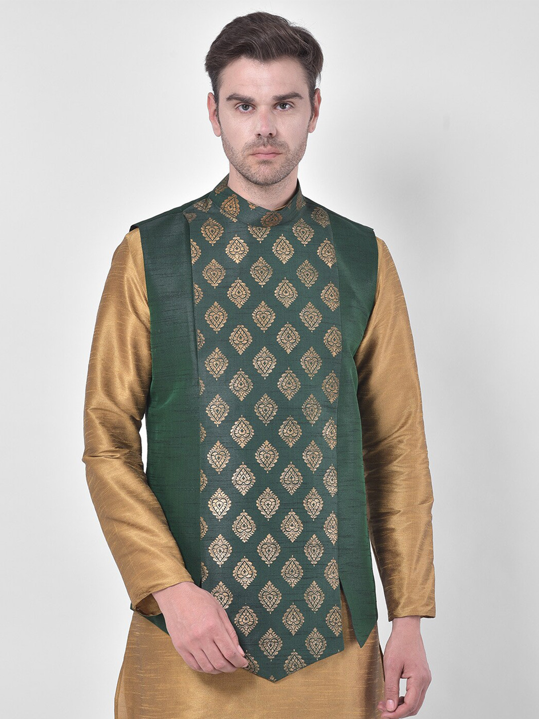 

DEYANN Printed Mandarin Collar Woven Nehru Jacket, Green