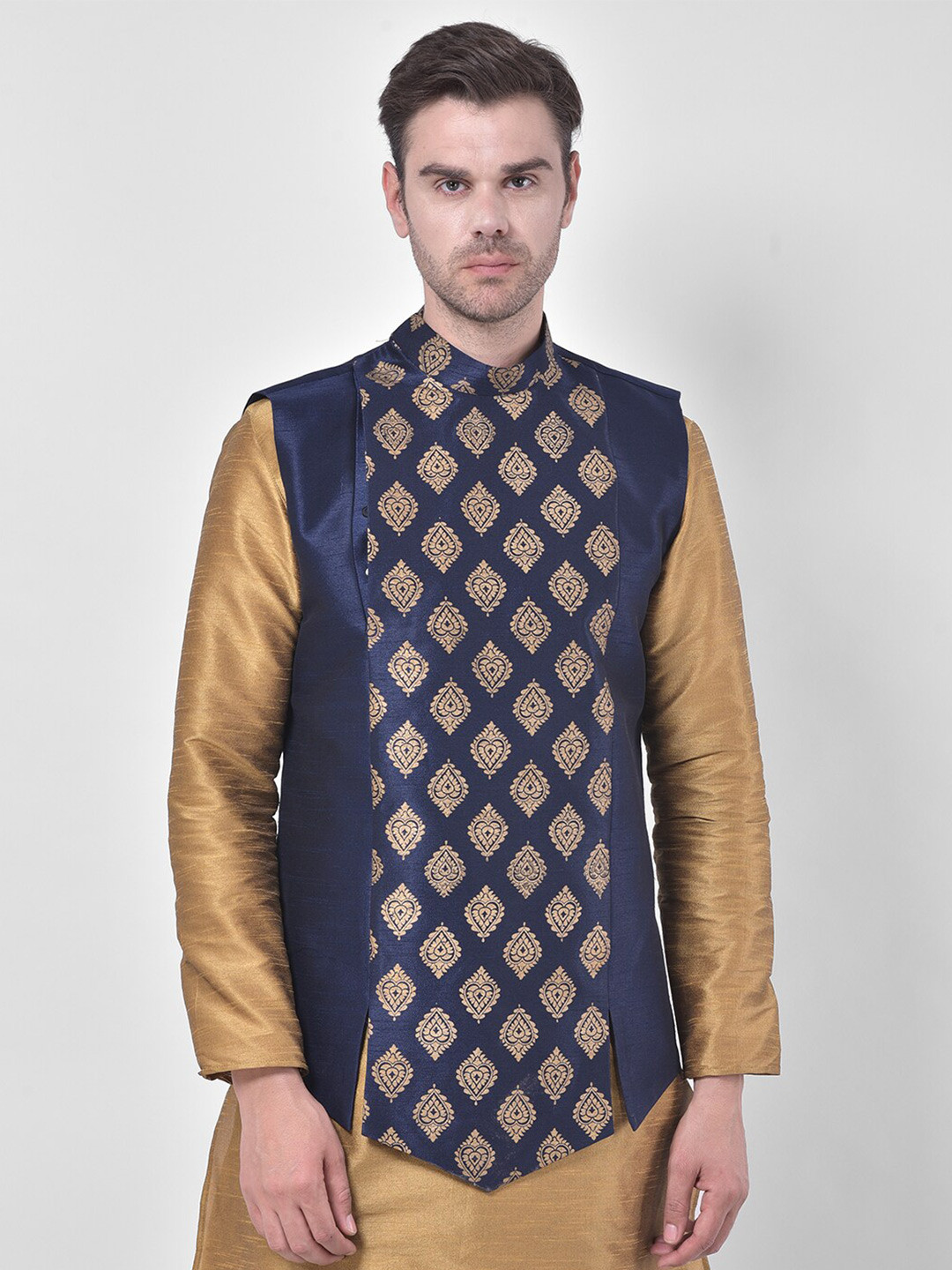 

DEYANN Printed Woven Nehru Jacket, Navy blue