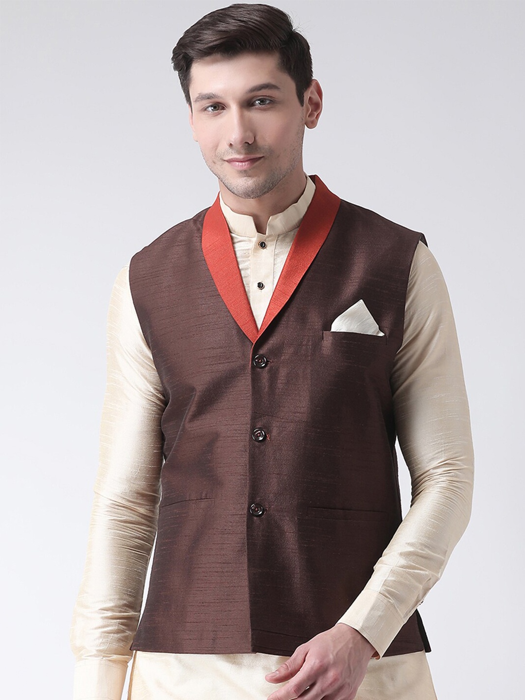 

DEYANN Shawl Collar Woven Nehru Jacket, Brown