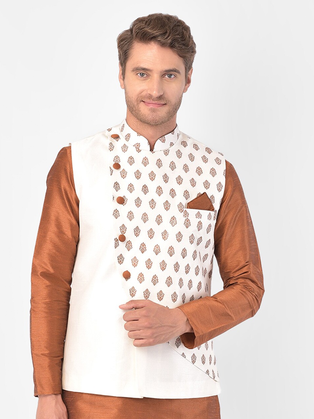 

DEYANN Ethnic Motifs Printed Mandarin Collar Nehru Jacket, Off white