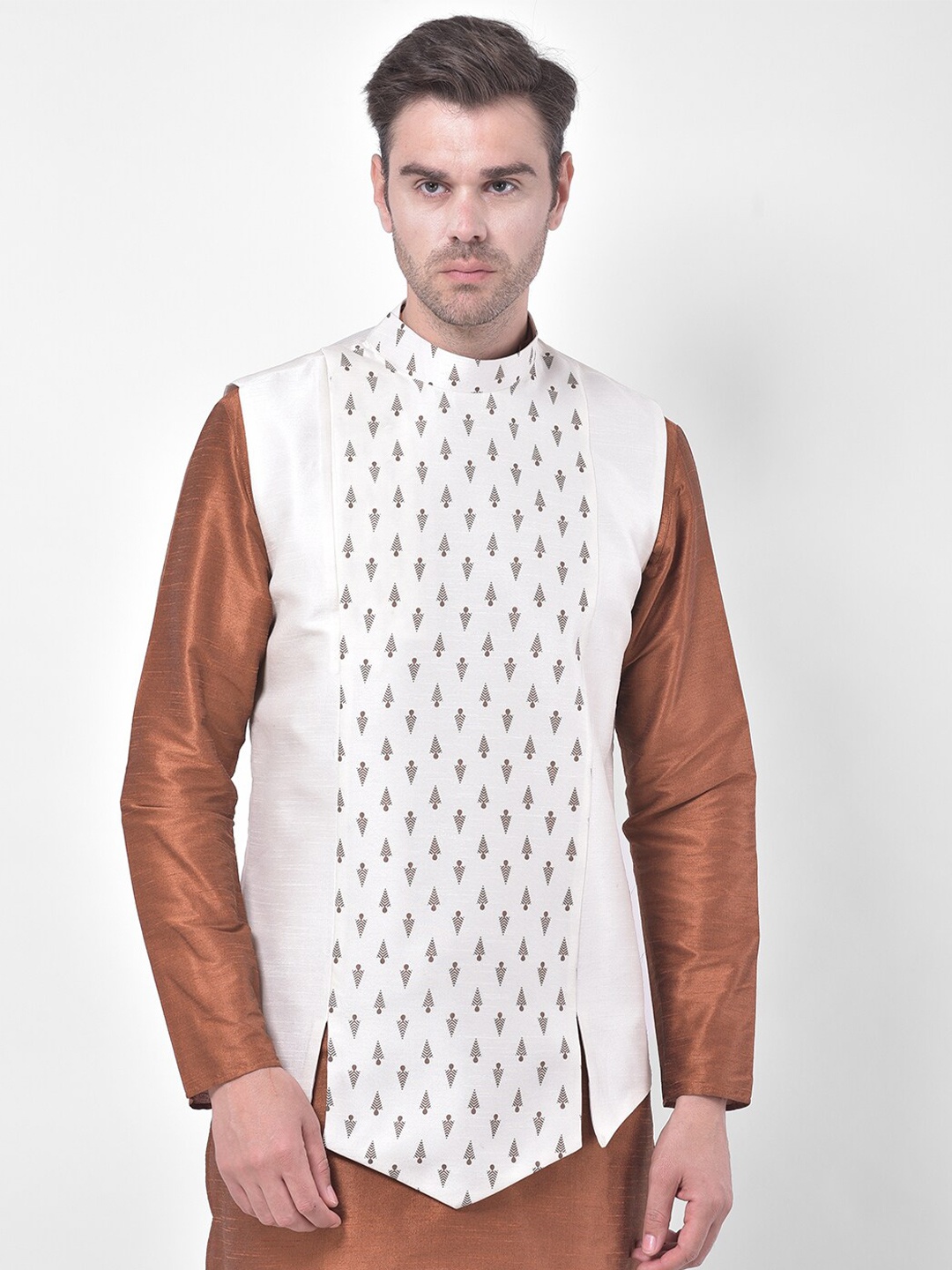 

DEYANN Ethnic Motifs Printed Mandarin Collar Nehru Jacket, Off white