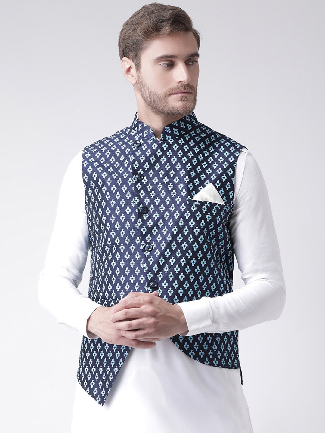 

DEYANN Ethnic Motifs Printed Mandarin Collar Nehru Jacket, Navy blue