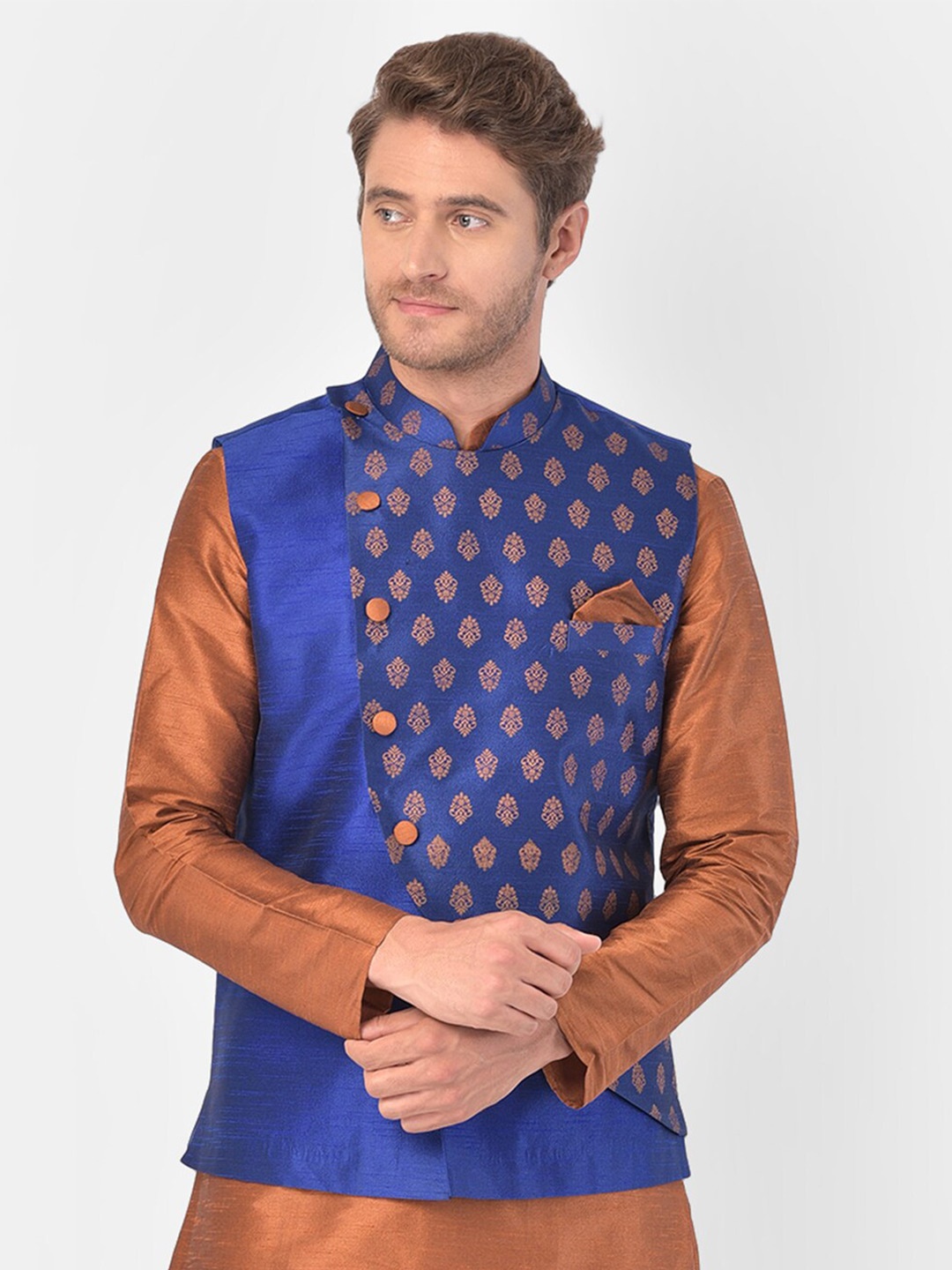 

DEYANN Ethnic Motifs Printed Mandarin Collar Nehru Jacket, Blue