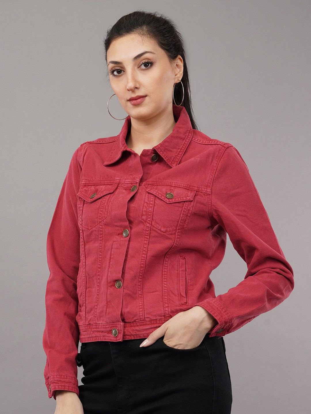 

DressBerry Maroon Spread Collar Cotton Denim Jacket