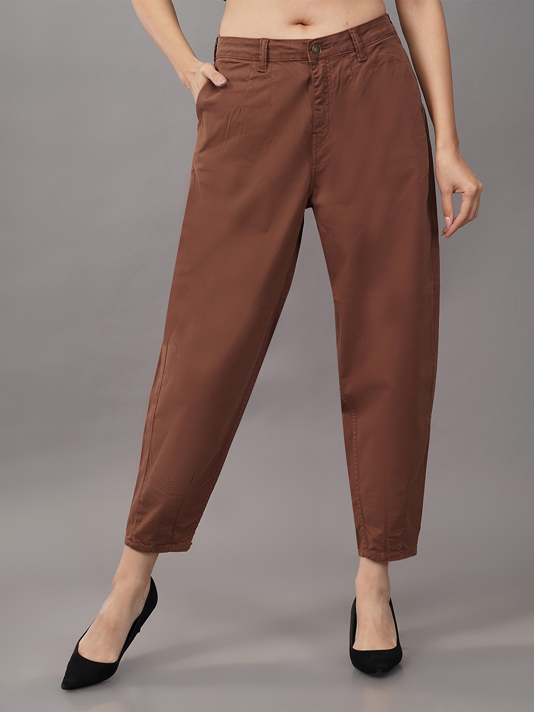 

DressBerry Women Brown Mom Fit Button High-Rise Cropped Cigarette Trousers