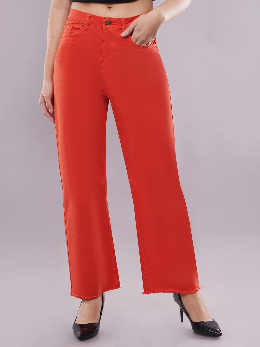 

DressBerry Women Flared High-Rise Parallel Trousers, Orange