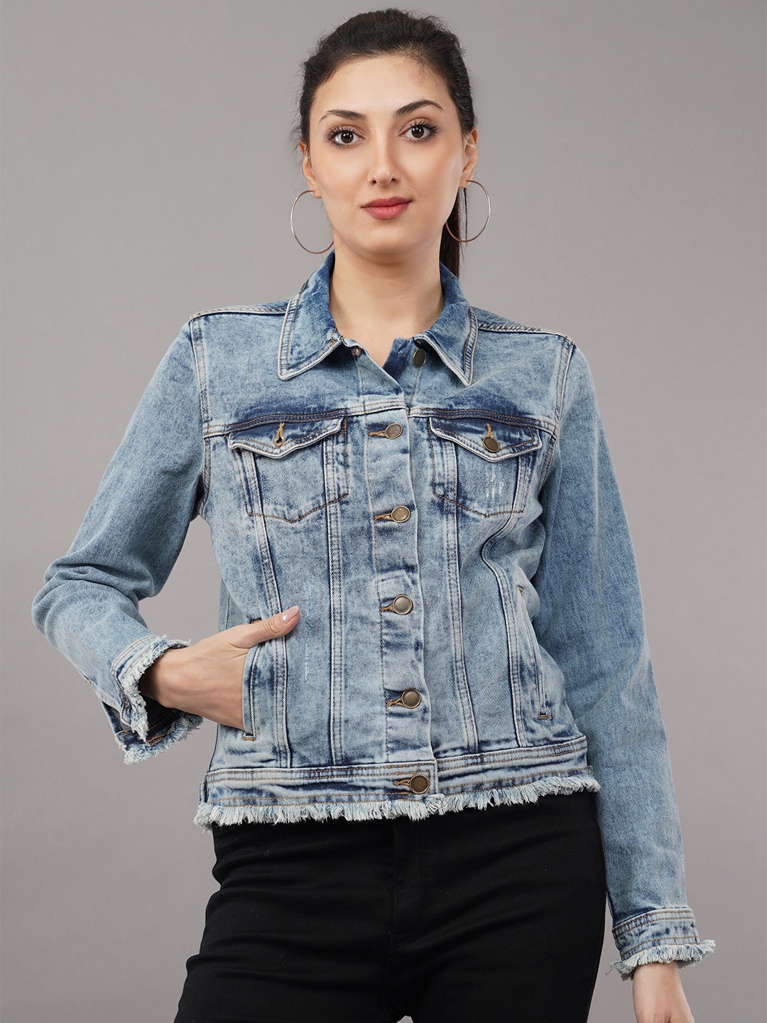 

DressBerry Blue Washed Spread Collar Cotton Denim Jacket