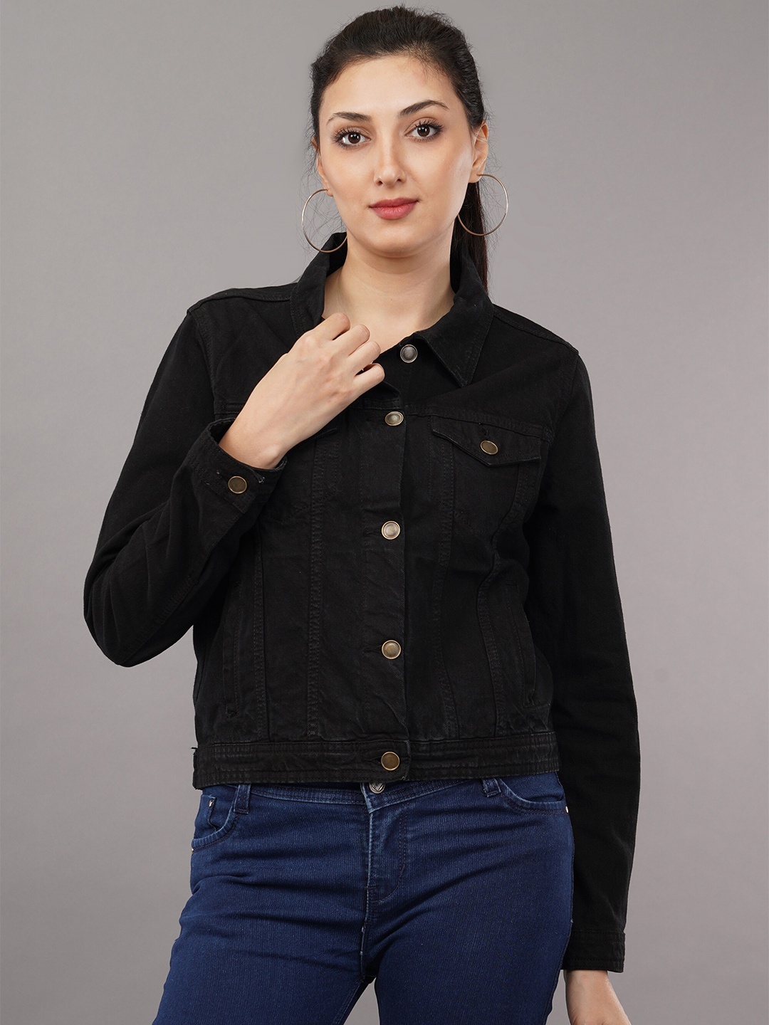 

DressBerry Black Spread Collar Cotton Denim Jacket