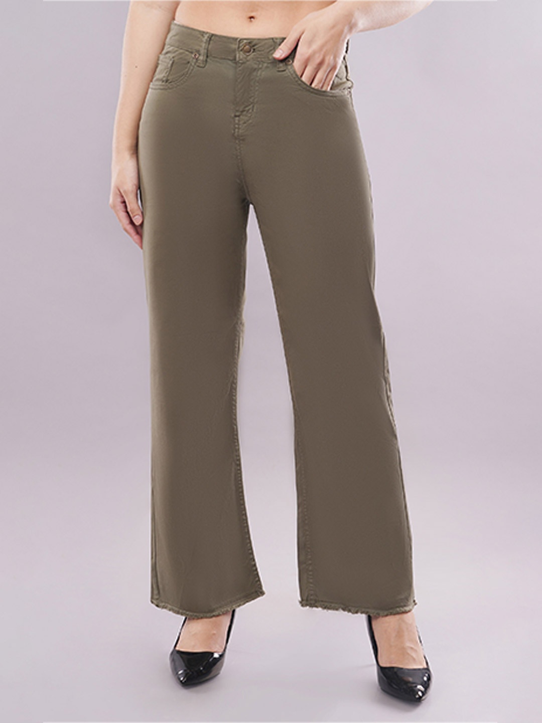 

DressBerry Women Flared High-Rise Parallel Trousers, Olive