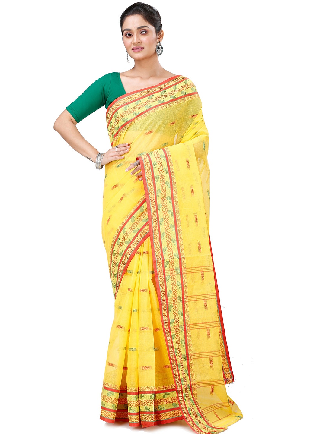 

PuJoy Woven Design Pure Cotton Taant Saree, Yellow